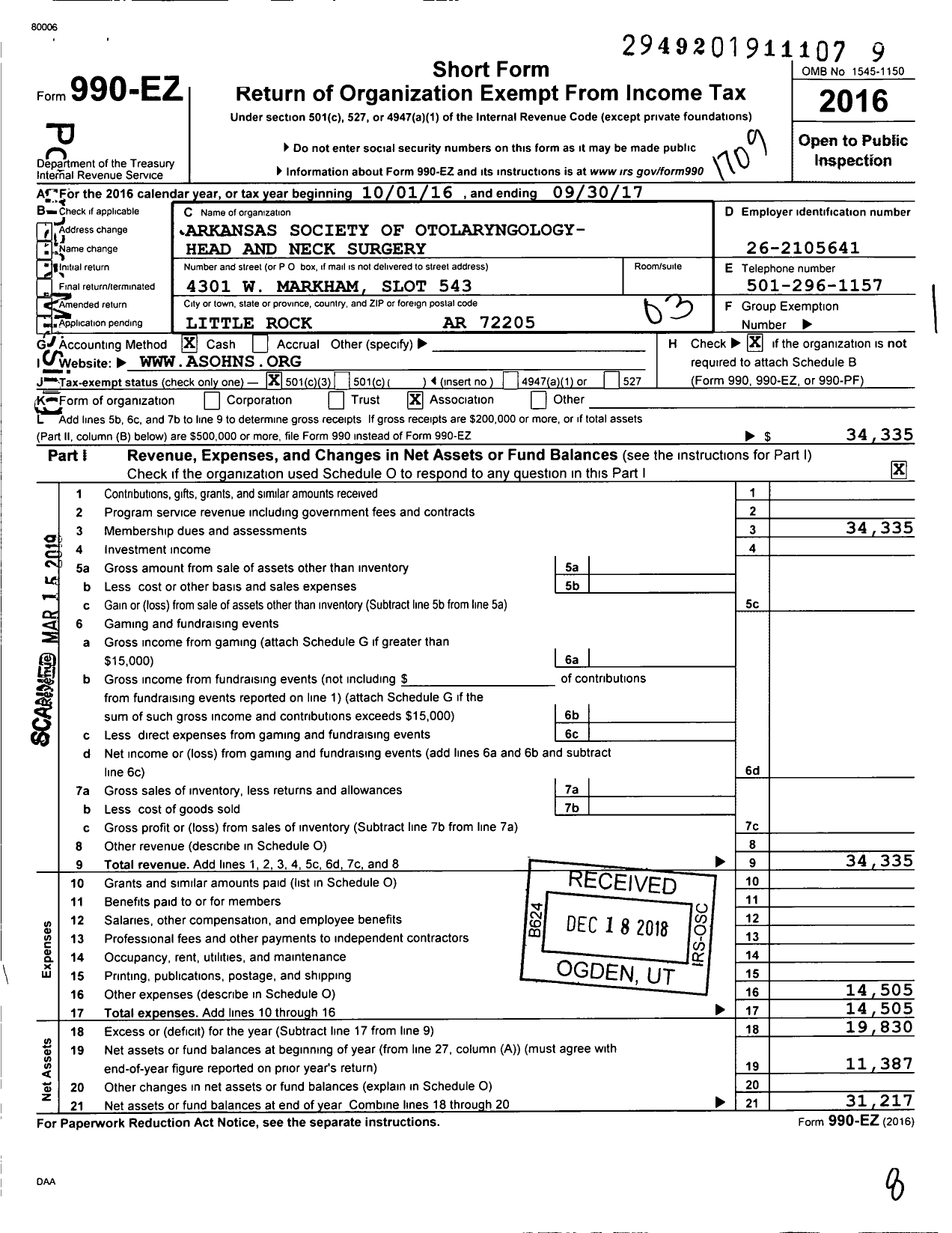 Image of first page of 2016 Form 990EZ for Arkansas Society of Otolaryngology - Head and Neck Surgery