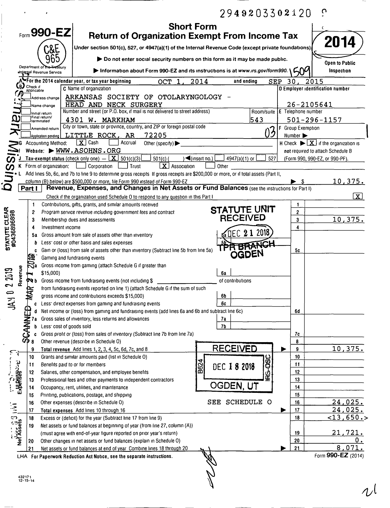 Image of first page of 2014 Form 990EZ for Arkansas Society of Otolaryngology - Head and Neck Surgery