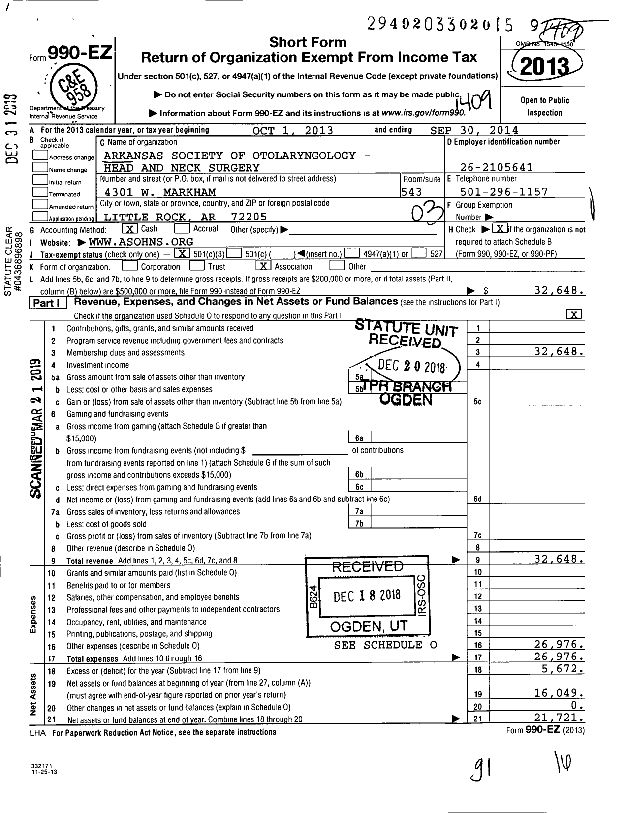 Image of first page of 2013 Form 990EZ for Arkansas Society of Otolaryngology - Head and Neck Surgery