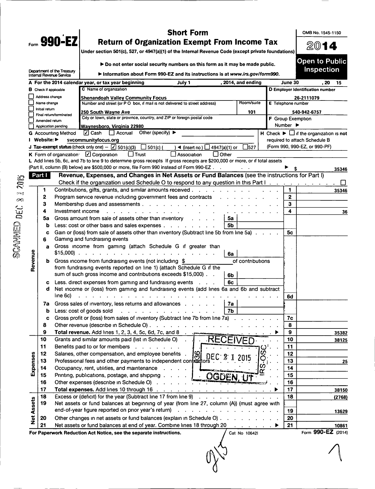 Image of first page of 2014 Form 990EZ for Shenandoah Valley Community Focus