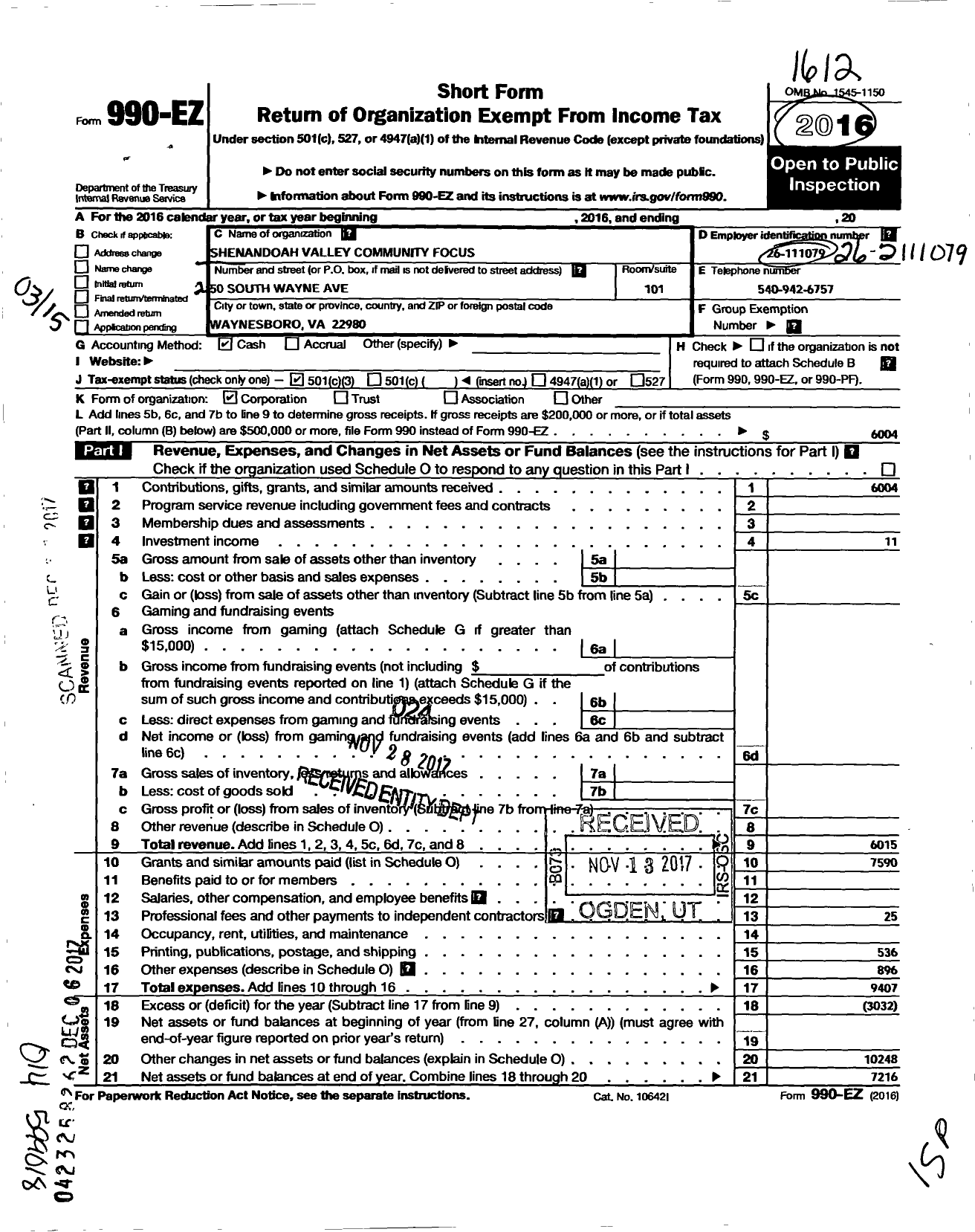 Image of first page of 2016 Form 990EZ for Shenandoah Valley Community Focus