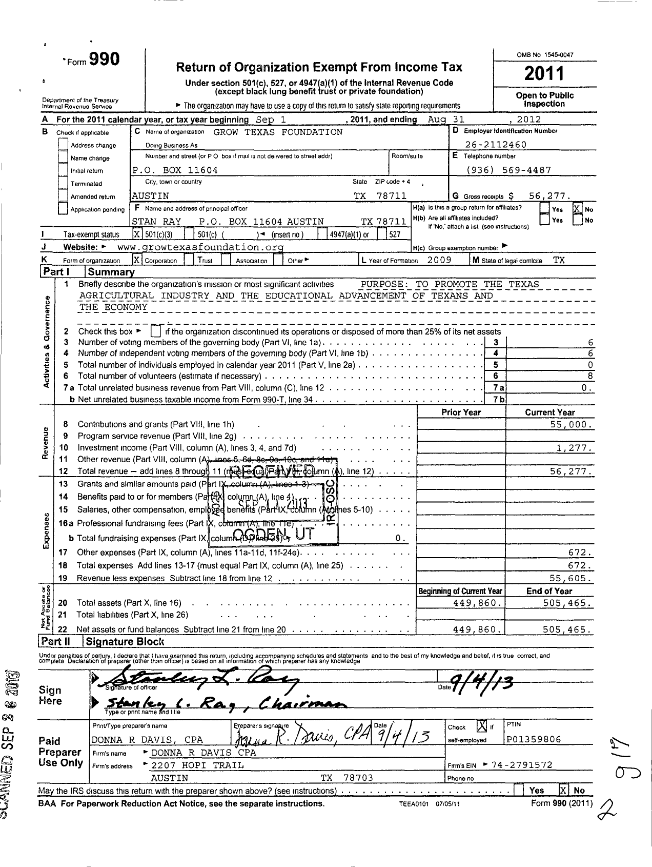 Image of first page of 2011 Form 990 for Grow Texas Foundation