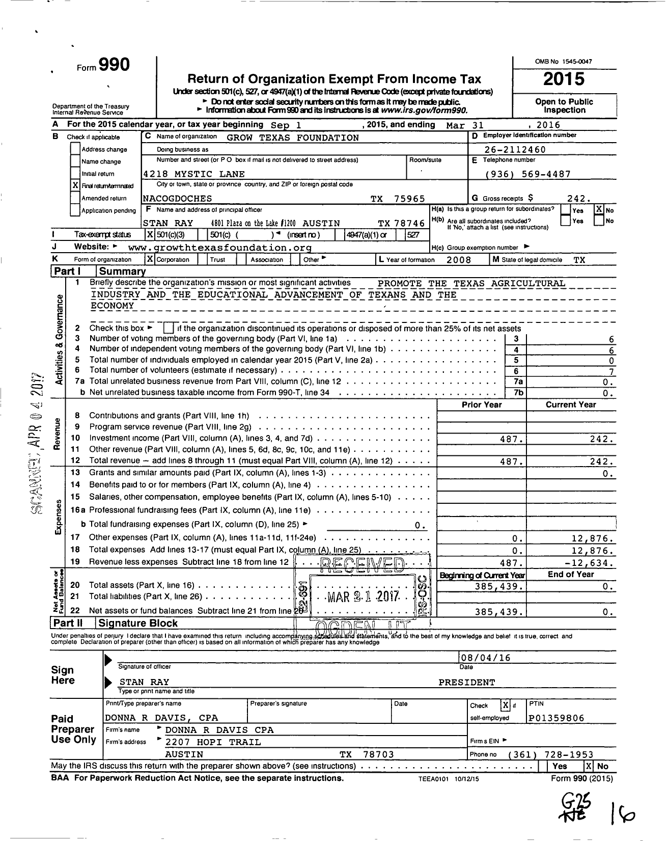 Image of first page of 2015 Form 990 for Grow Texas Foundation