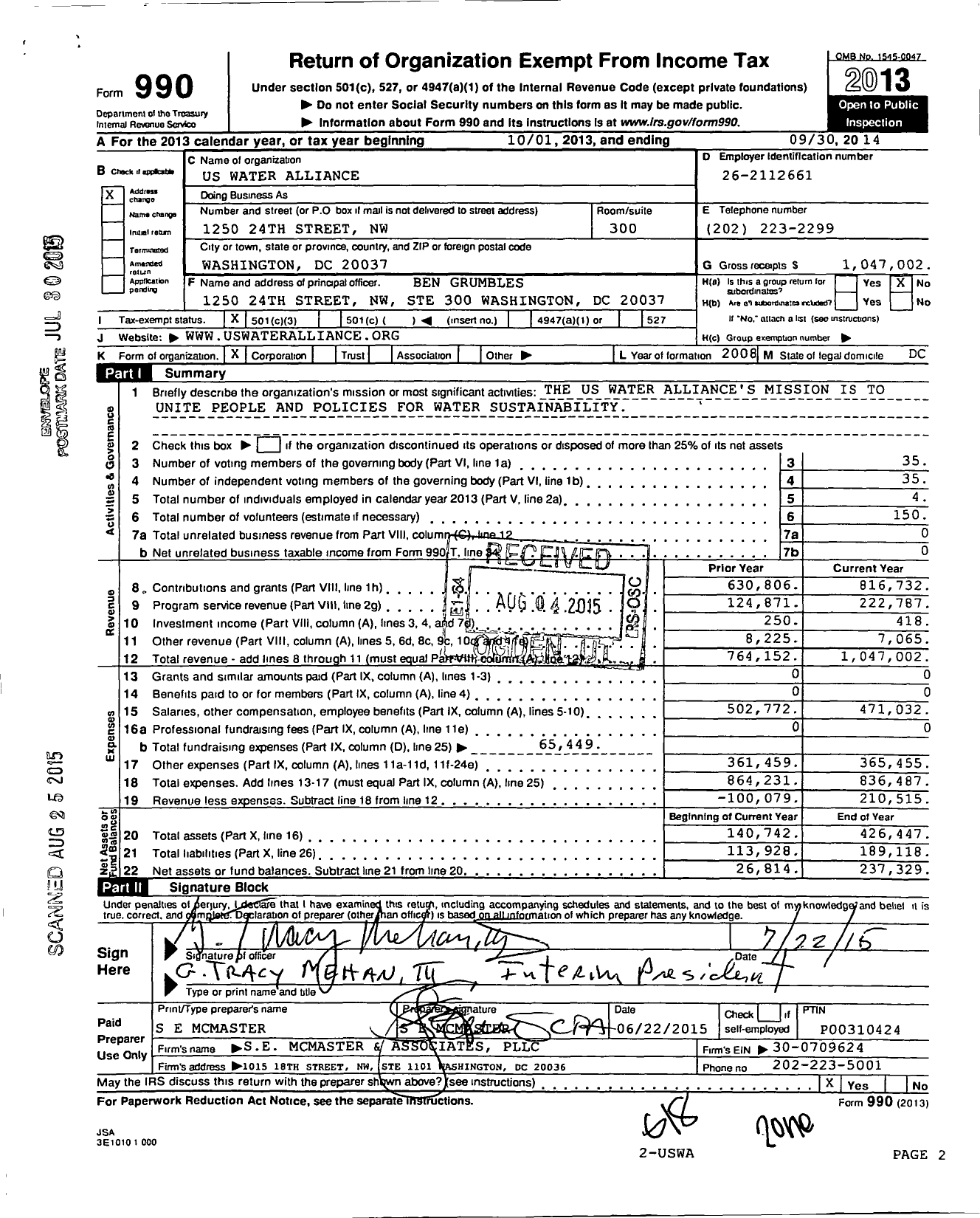 Image of first page of 2013 Form 990 for US Water Alliance