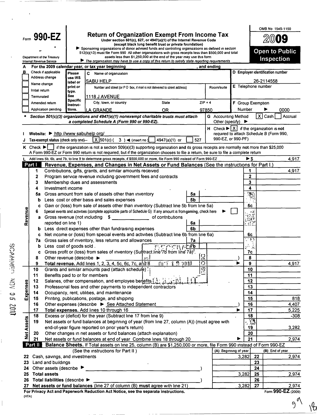 Image of first page of 2009 Form 990EZ for Sabu Help