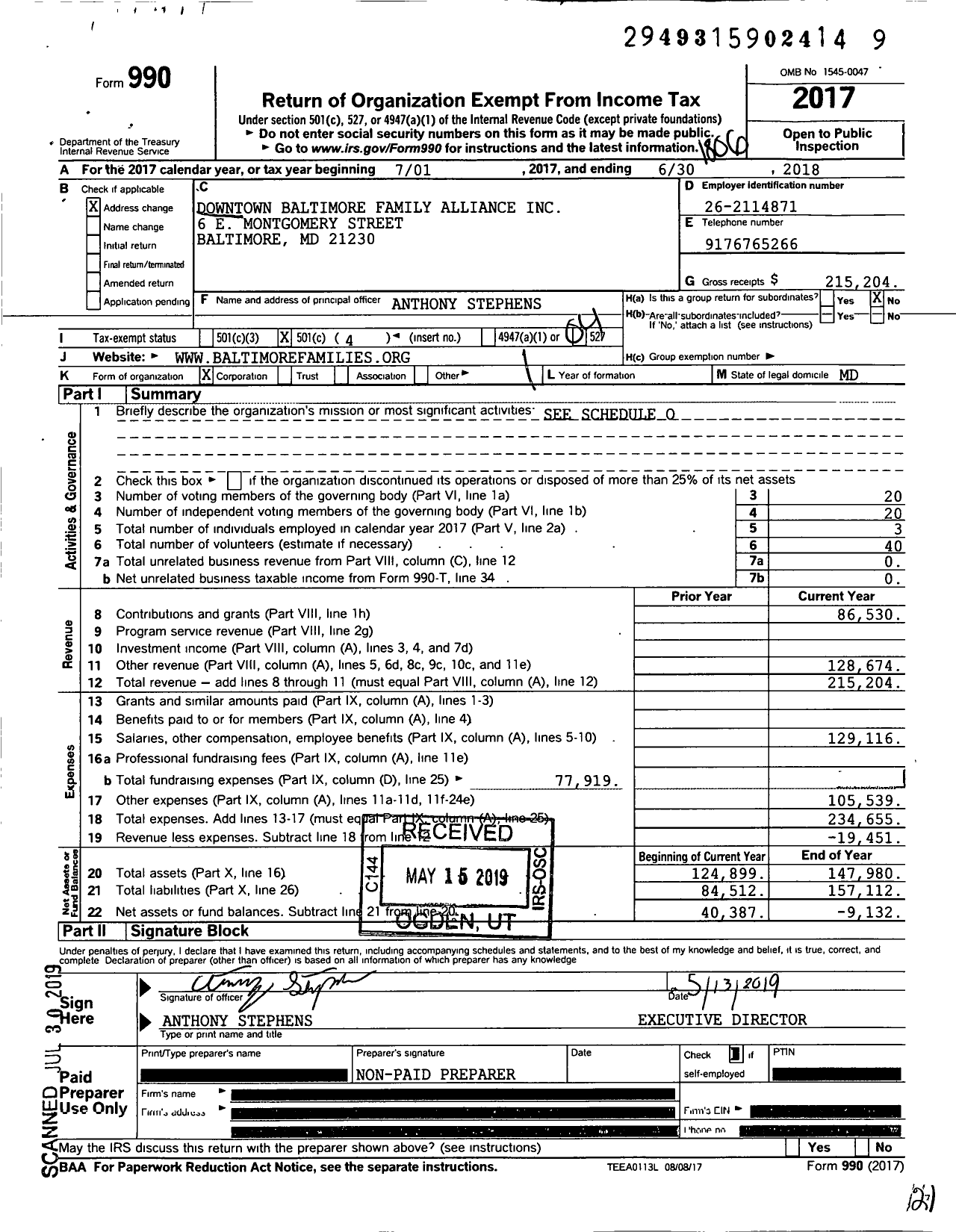 Image of first page of 2017 Form 990O for Downtown Baltimore Family Alliance