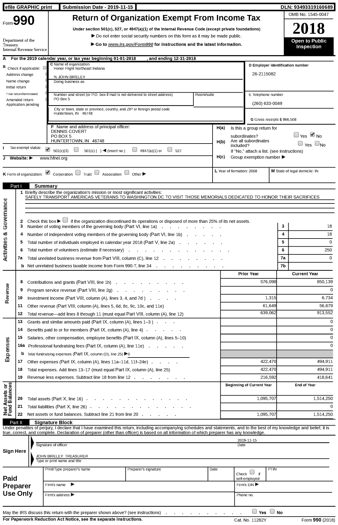 Image of first page of 2018 Form 990 for Honor Flight Northeast Indiana