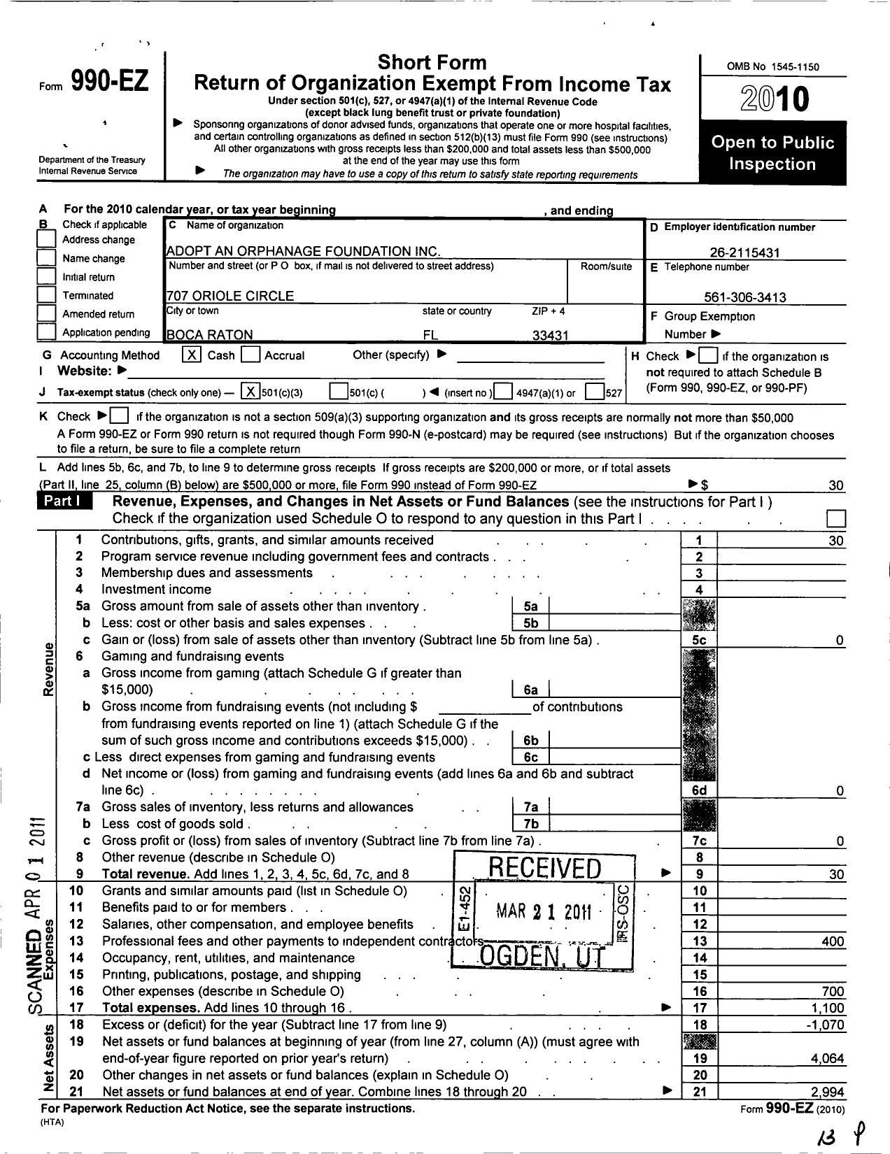 Image of first page of 2010 Form 990EZ for Adopt An Orphanage Foundation