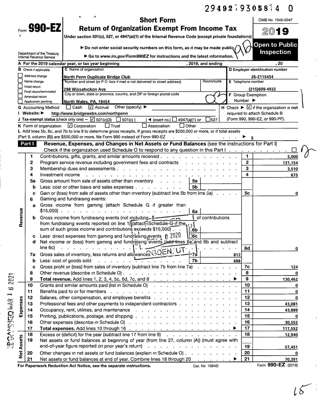 Image of first page of 2019 Form 990EZ for North Penn Duplicate Bridge Club