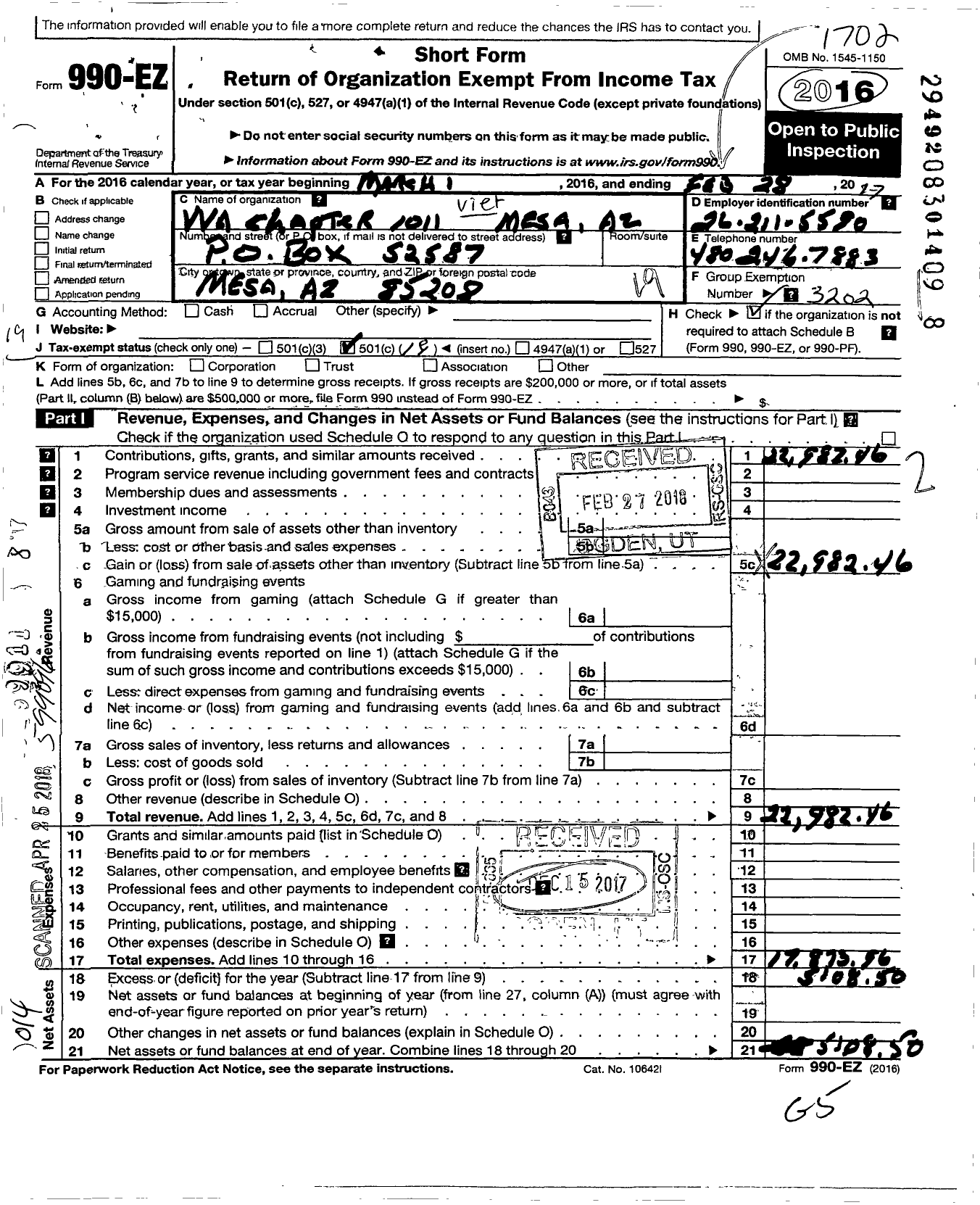 Image of first page of 2016 Form 990EO for Vietnam Veterans of America - 1011 Chapter