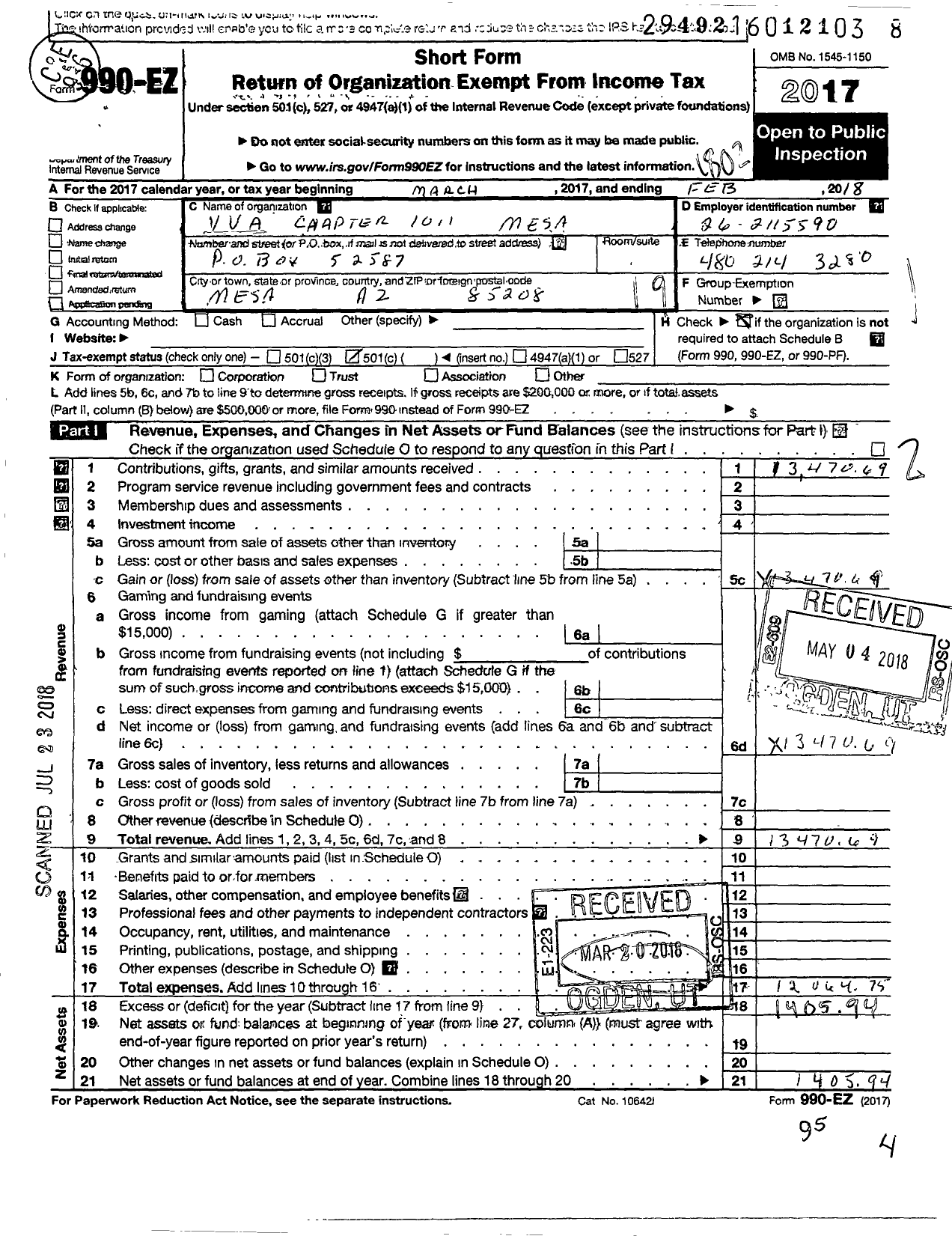 Image of first page of 2017 Form 990EO for Vietnam Veterans of America - 1011 Chapter