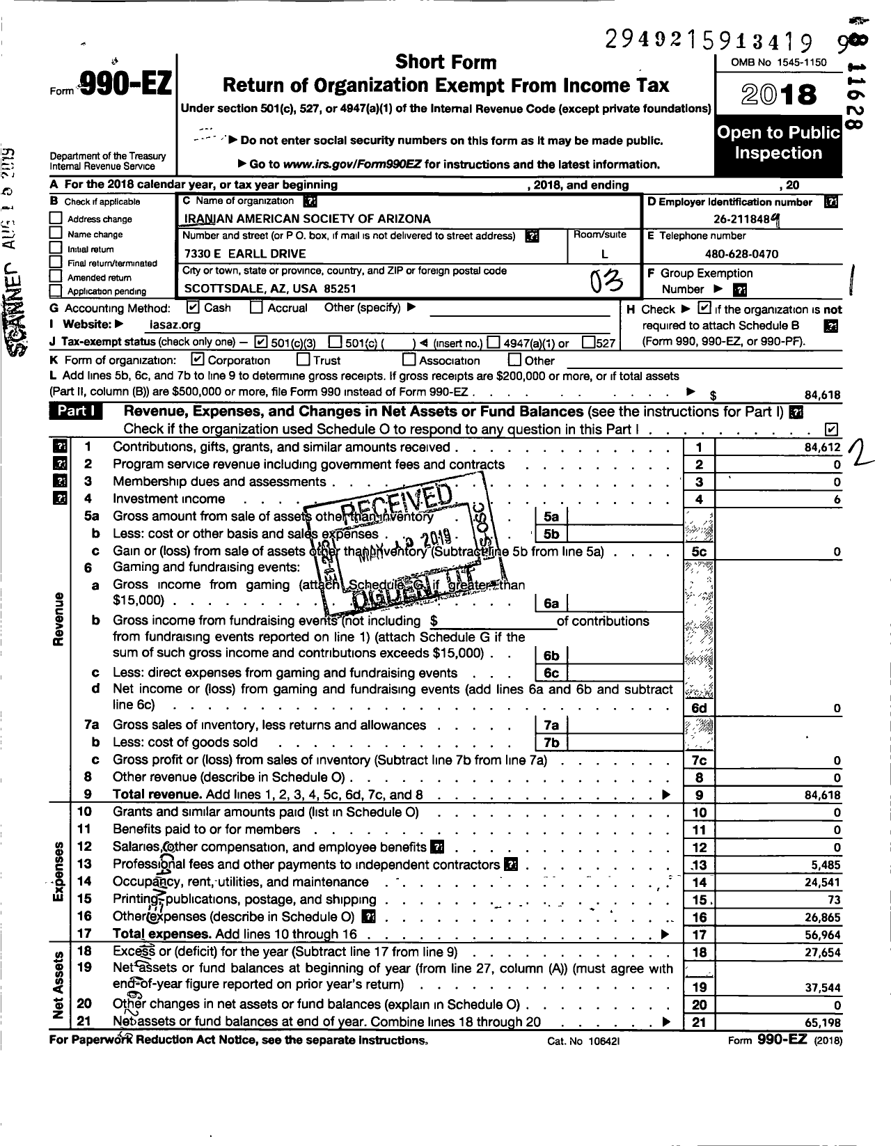 Image of first page of 2018 Form 990EZ for Iranian American Society of Arizona