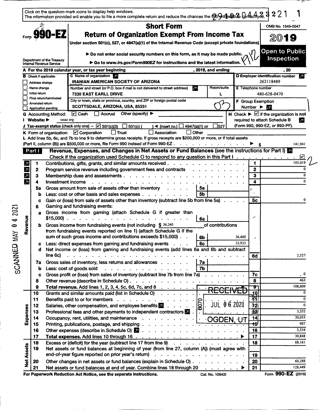 Image of first page of 2019 Form 990EZ for Iranian American Society of Arizona