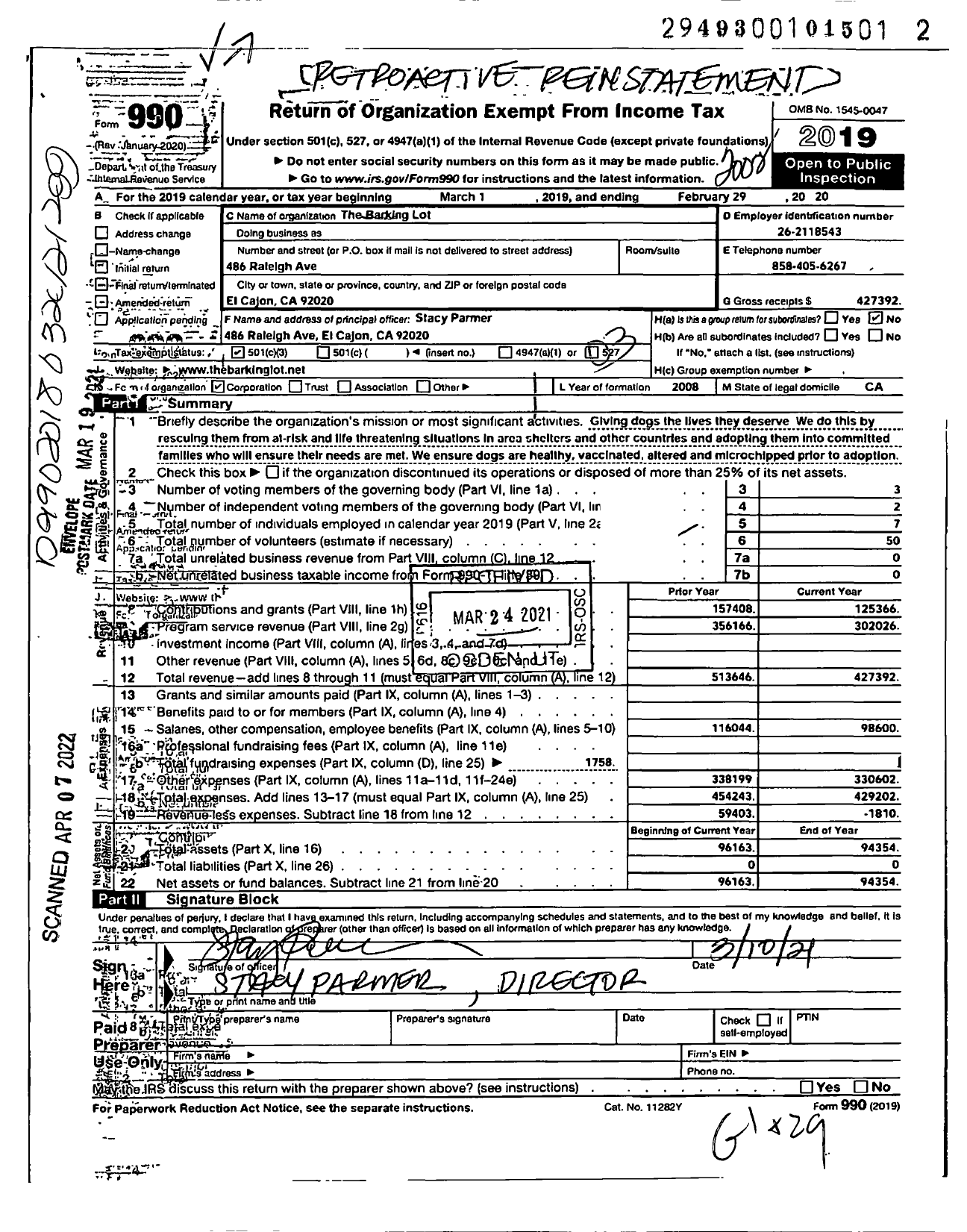 Image of first page of 2019 Form 990 for Barking Lot