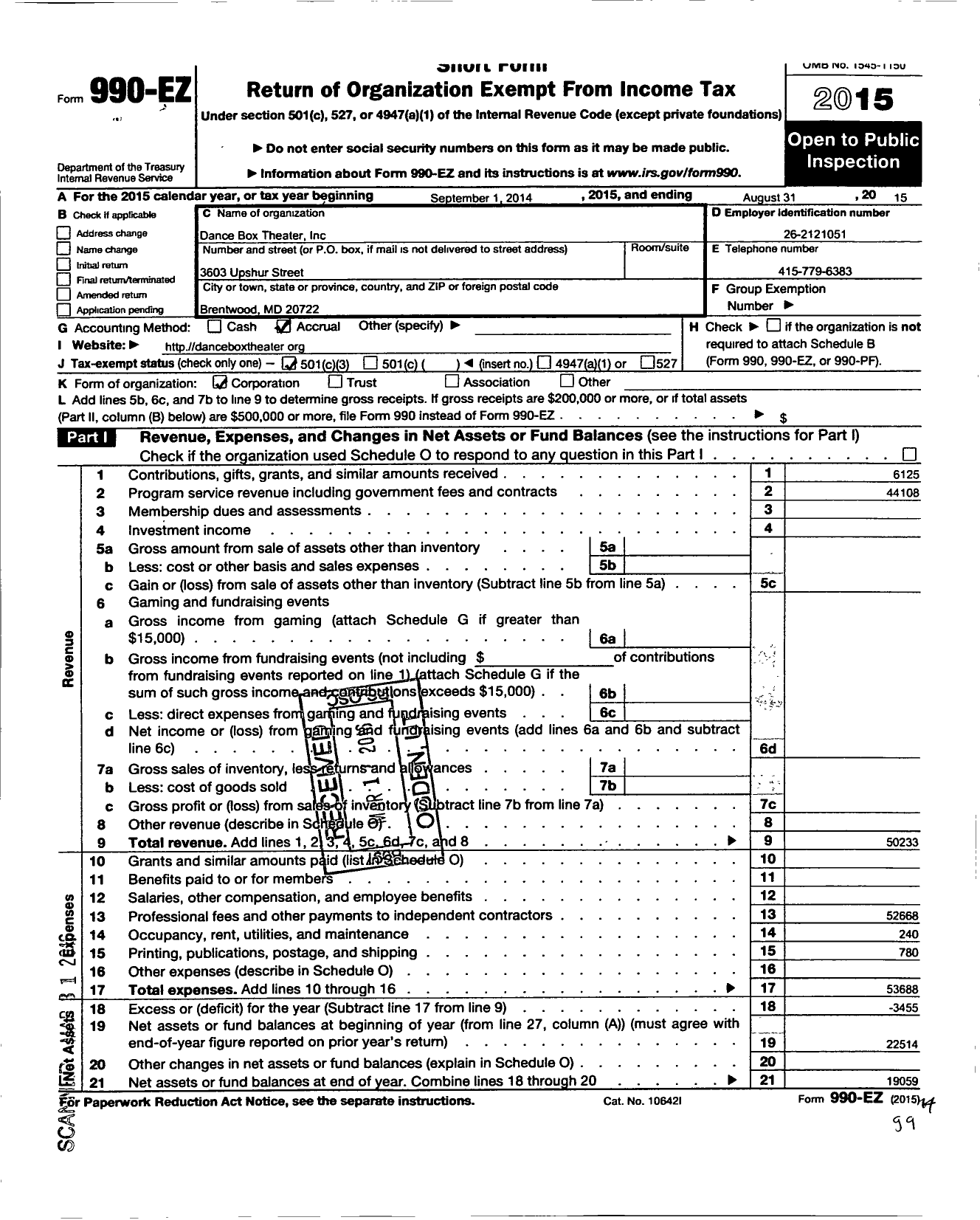 Image of first page of 2014 Form 990EZ for Dance Box Theater