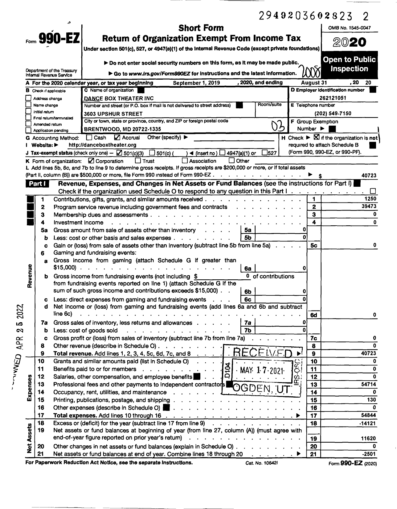 Image of first page of 2019 Form 990EZ for Dance Box Theater