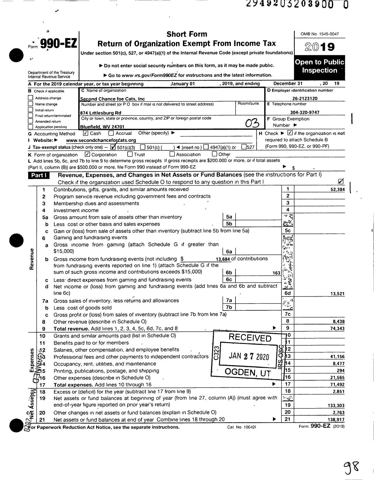 Image of first page of 2019 Form 990EZ for Second Chance for Cats