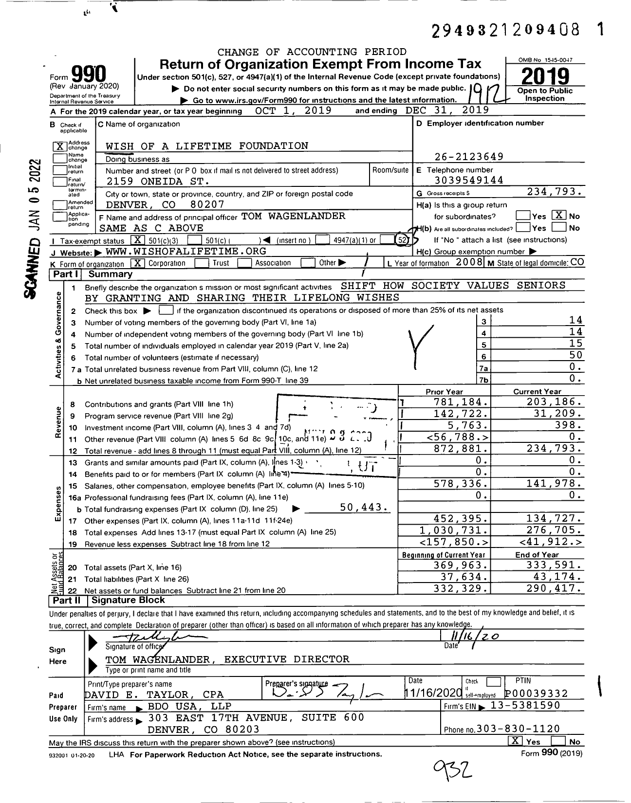Image of first page of 2019 Form 990 for Wish of a Lifetime
