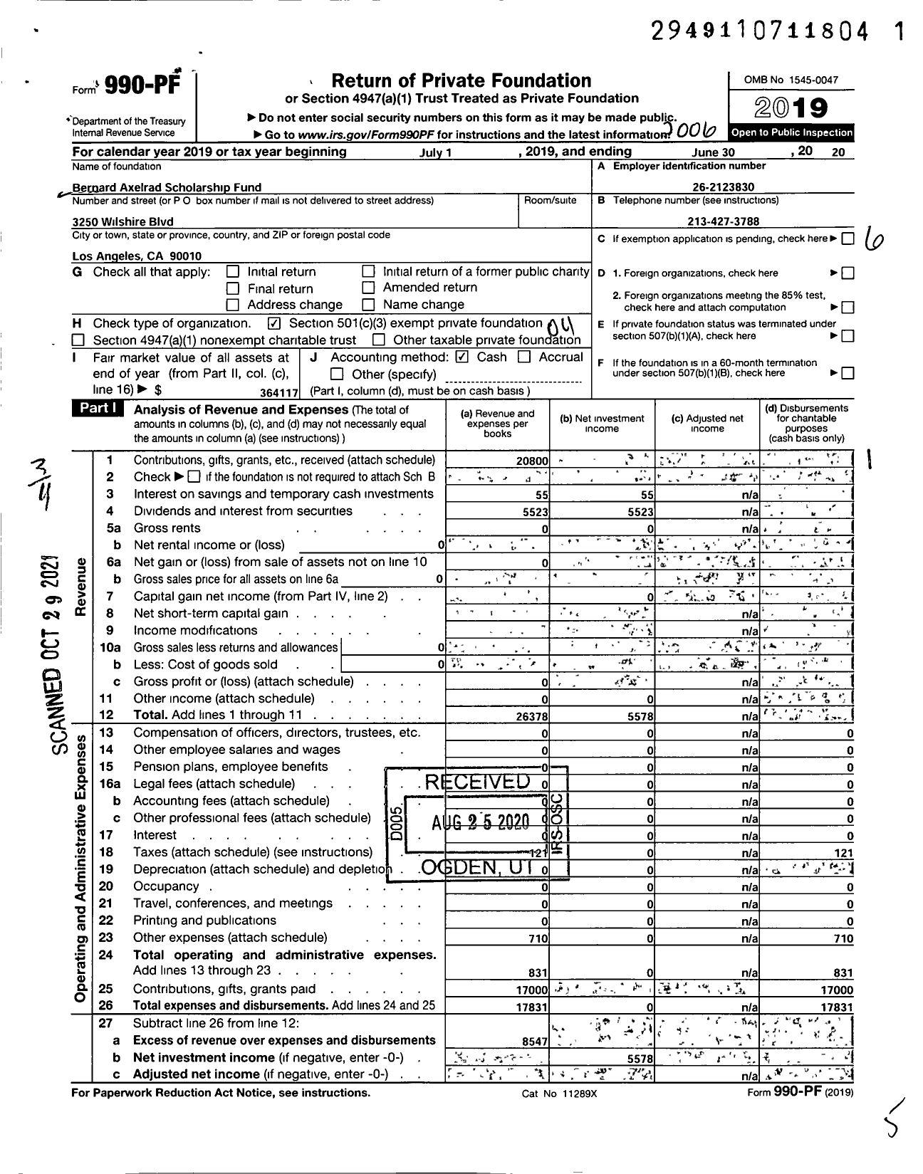 Image of first page of 2019 Form 990PF for Bernard Axelrad Scholarship Fund