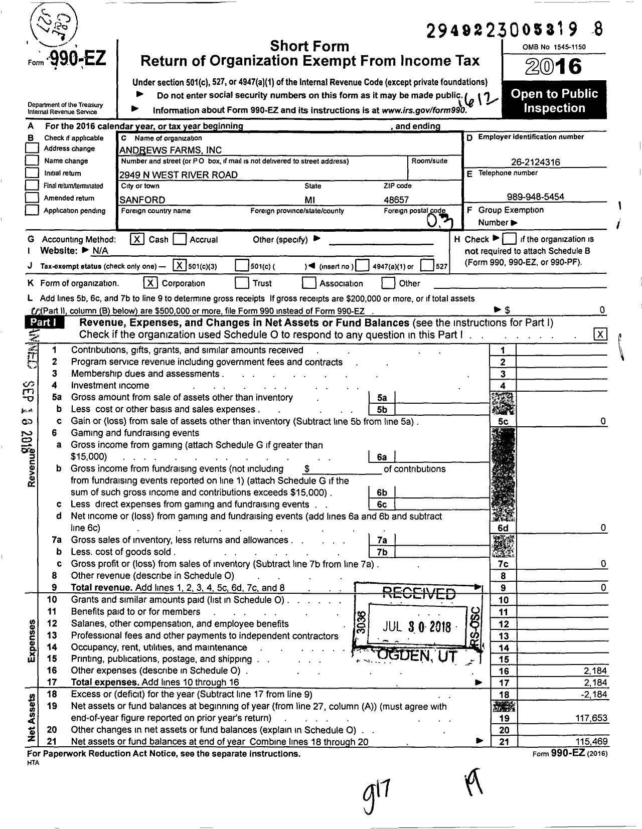 Image of first page of 2016 Form 990EZ for Andrews Farms