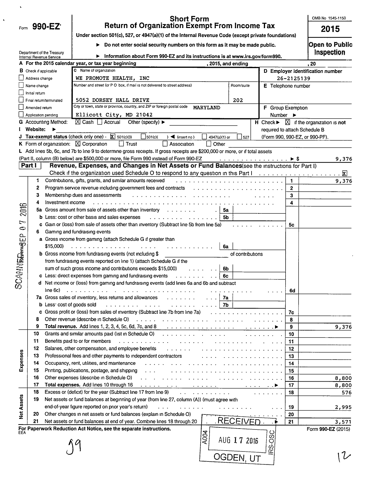 Image of first page of 2015 Form 990EZ for We Promote Health