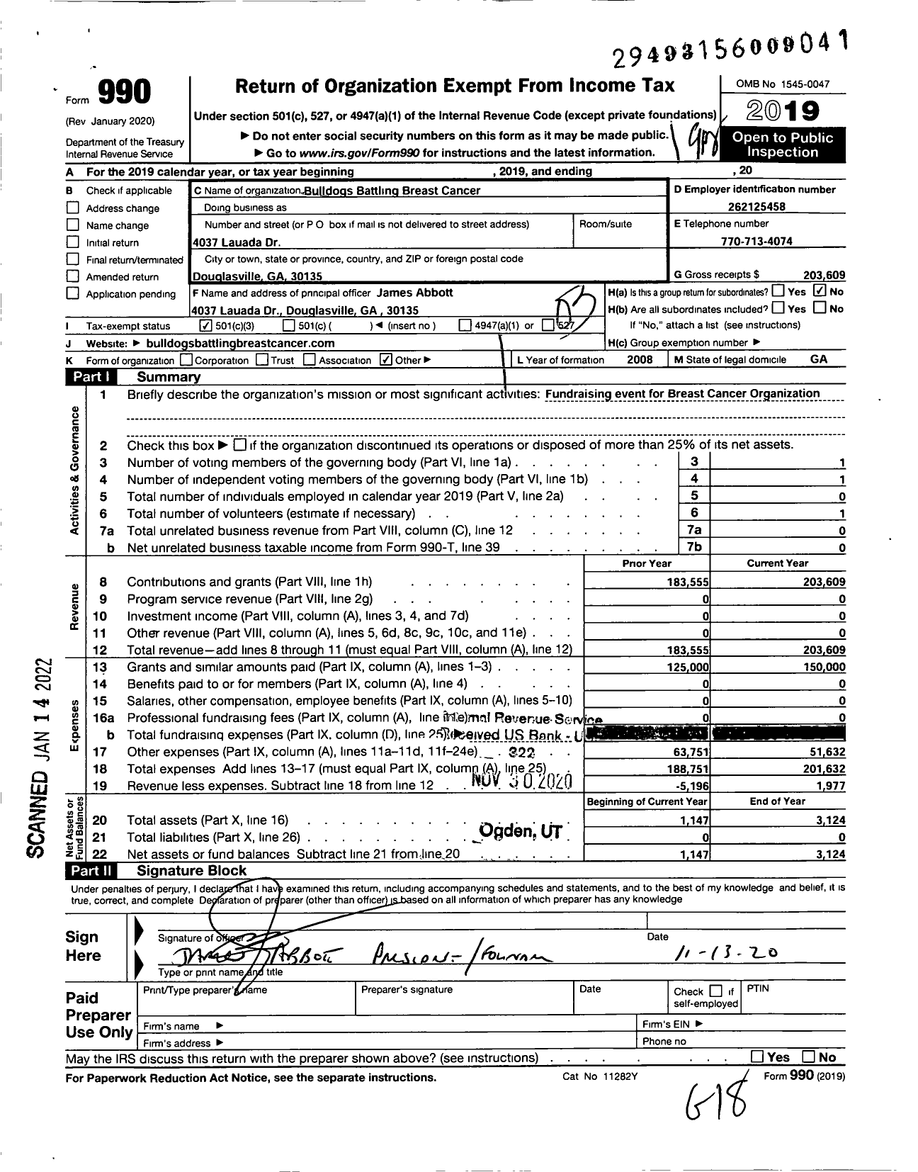 Image of first page of 2019 Form 990 for Bulldogs Battling Breast Cancer