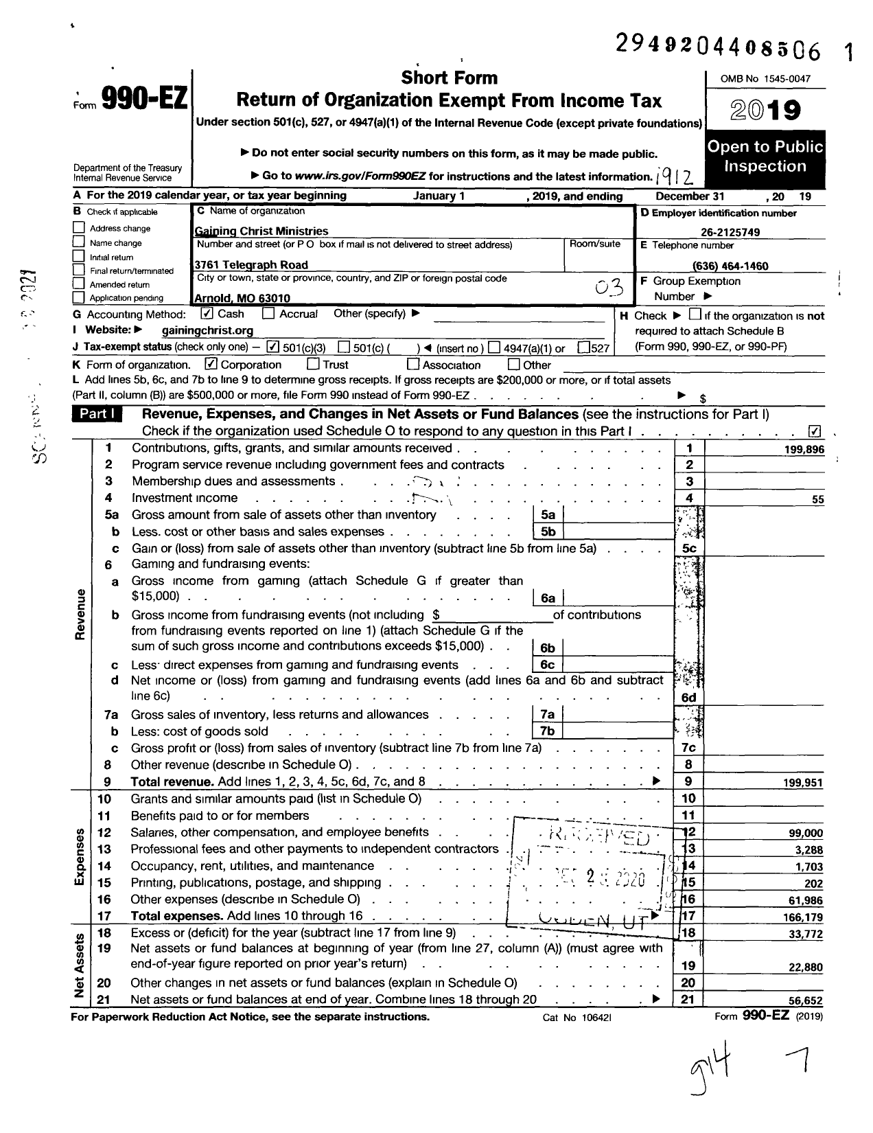 Image of first page of 2019 Form 990EZ for Gaining Christ Ministries