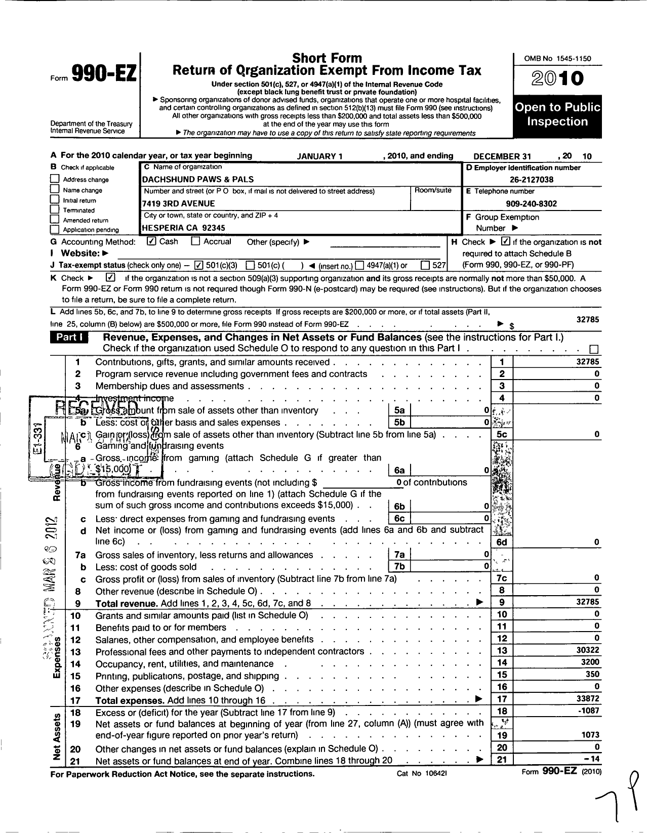 Image of first page of 2010 Form 990EZ for Dachshund Paws and Pals