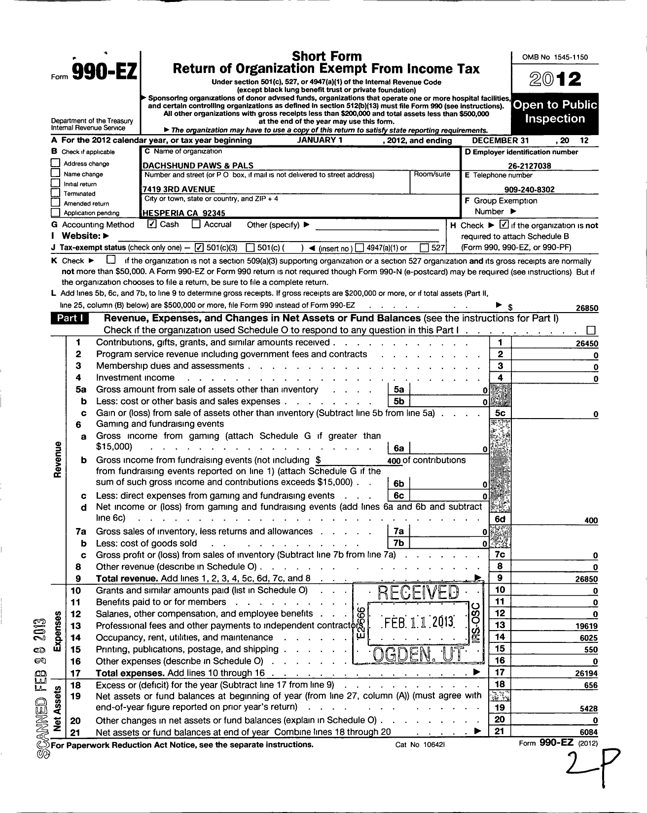 Image of first page of 2012 Form 990EZ for Dachshund Paws and Pals