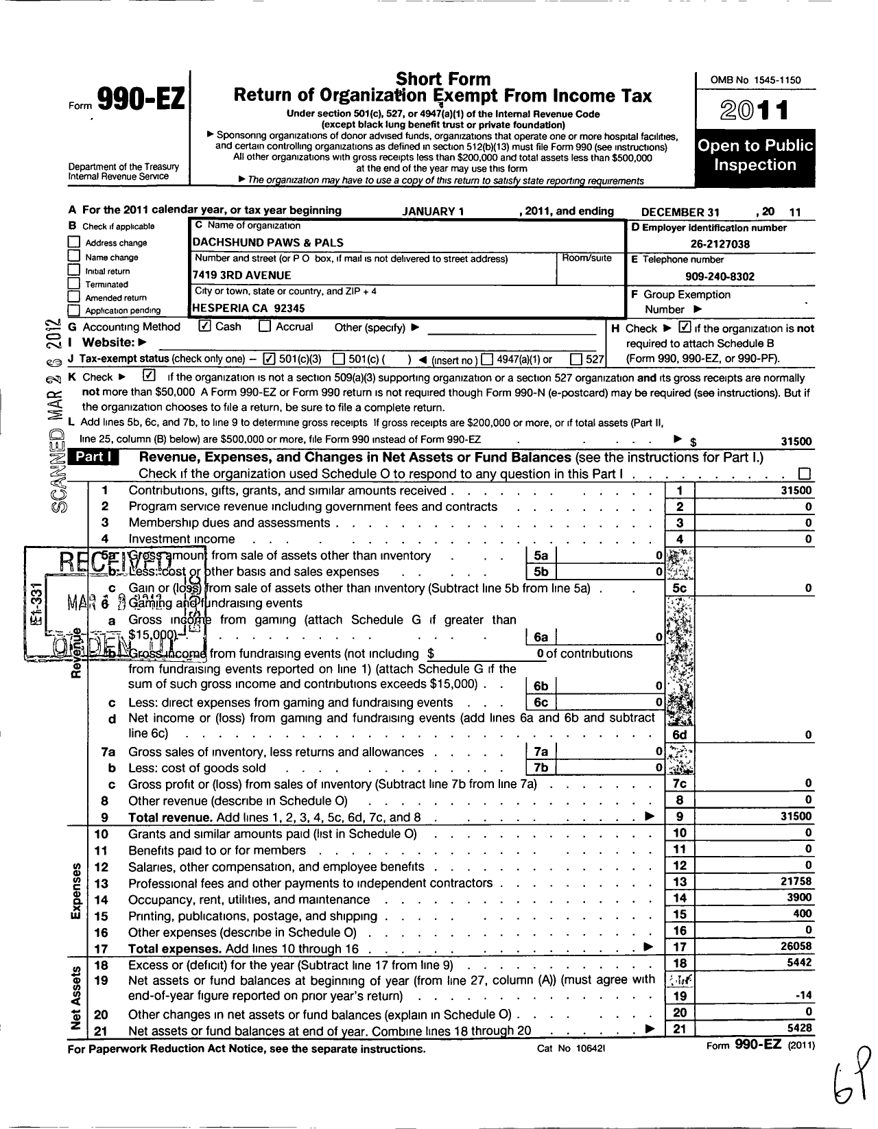 Image of first page of 2011 Form 990EZ for Dachshund Paws and Pals