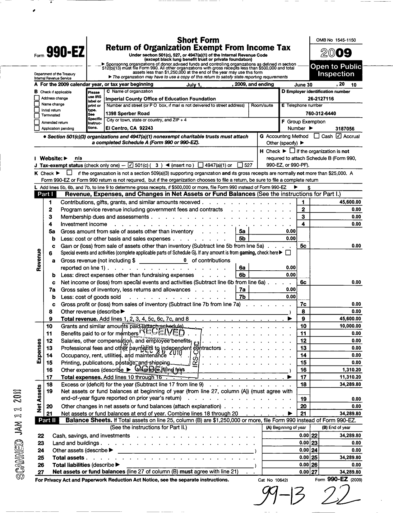 Image of first page of 2009 Form 990EZ for Imperial County Office of Education Foundation