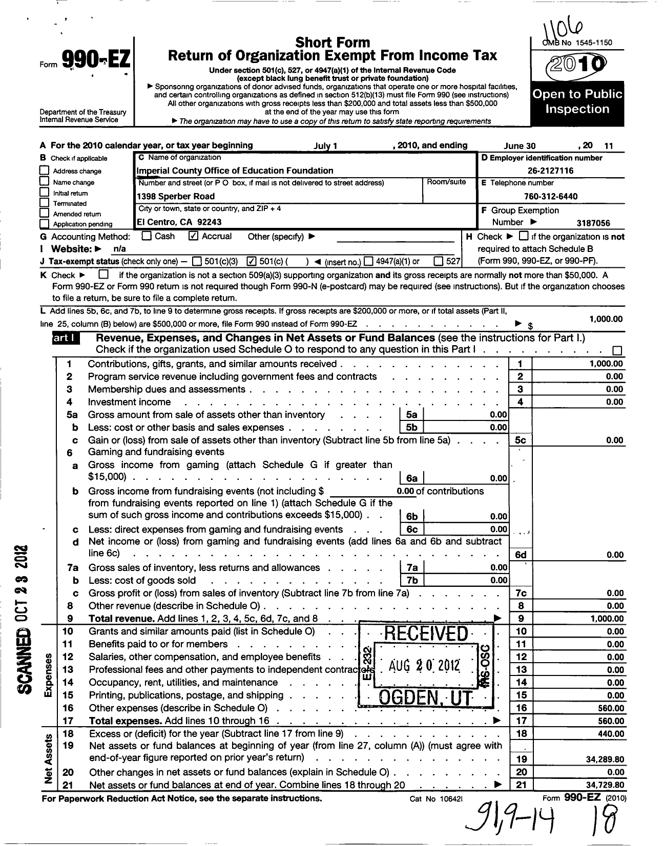 Image of first page of 2010 Form 990EO for Imperial County Office of Education Foundation