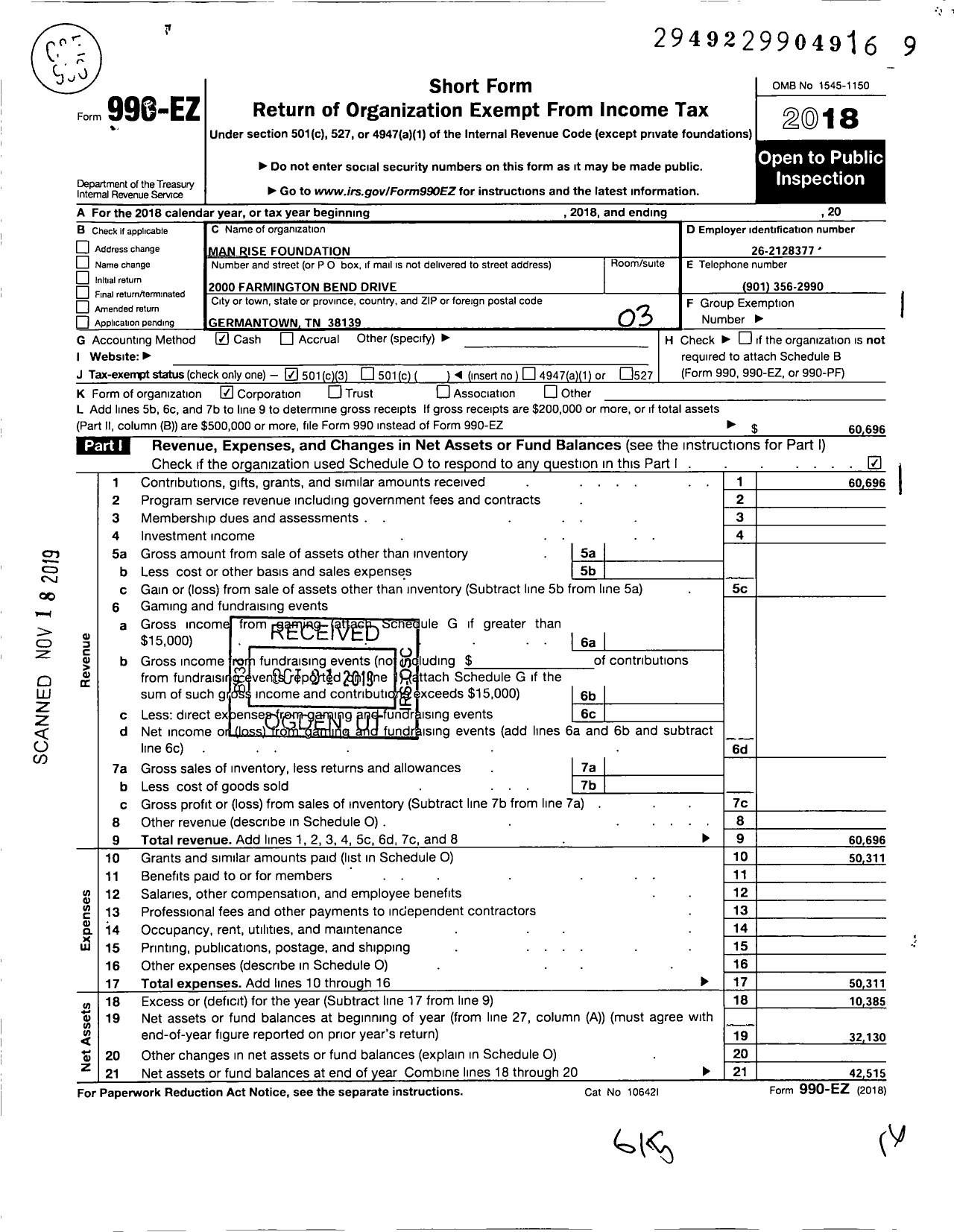 Image of first page of 2018 Form 990EZ for Man Rise Foundation