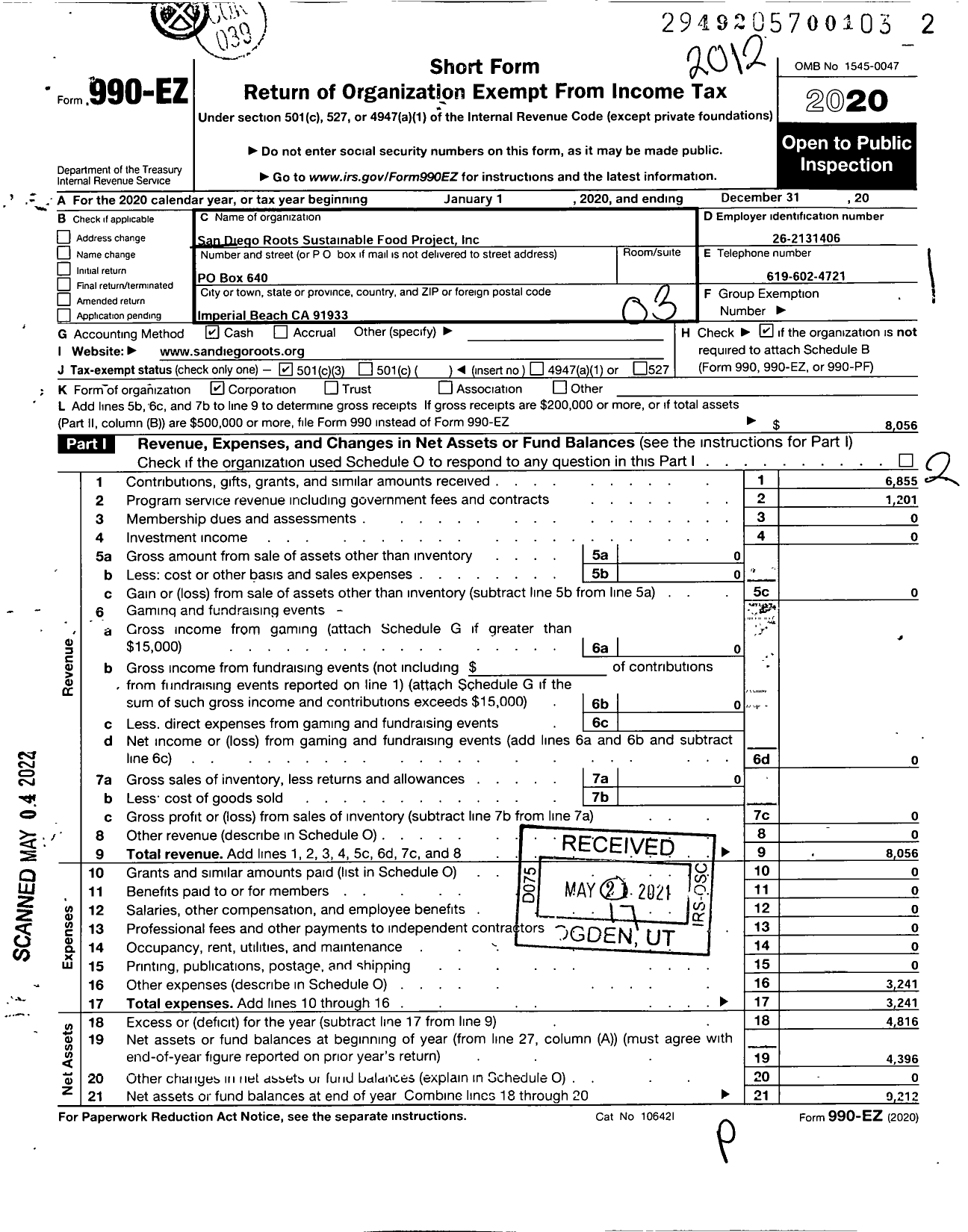 Image of first page of 2020 Form 990EZ for San Diego Roots Sustainable Food Project