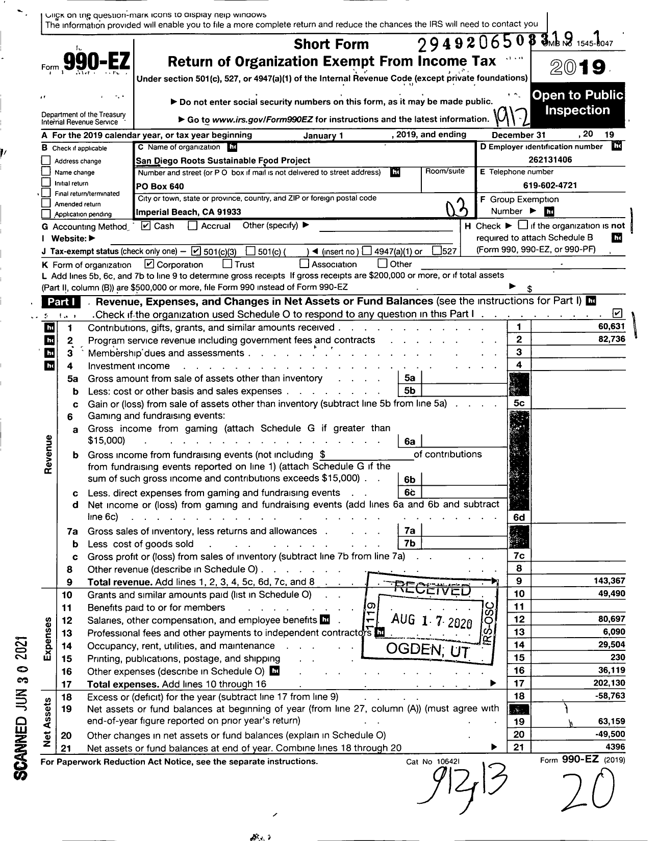 Image of first page of 2019 Form 990EZ for San Diego Roots Sustainable Food Project