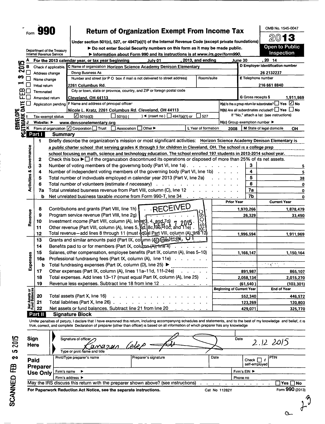 Image of first page of 2013 Form 990 for Horizon Science Academy Denison Elementary