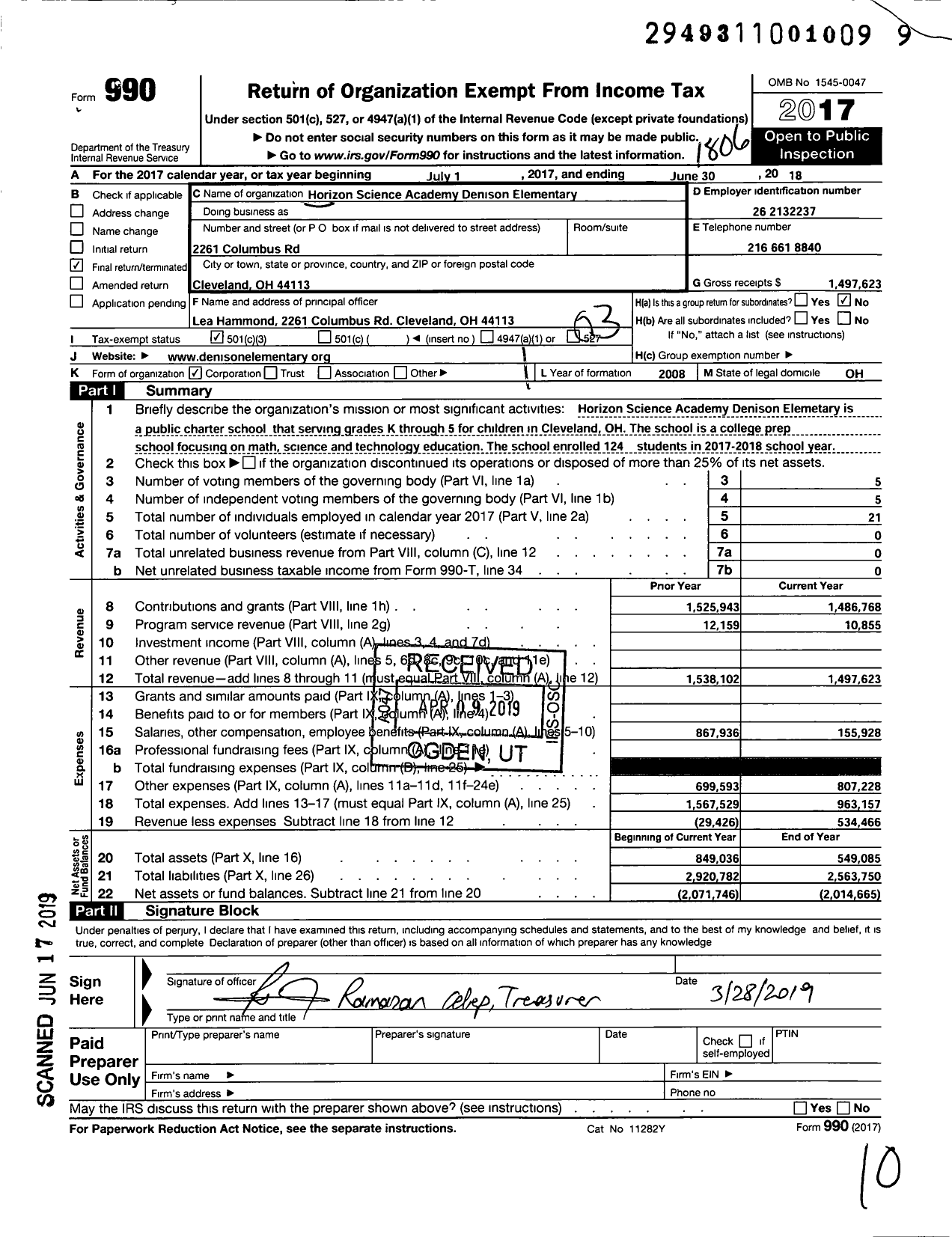 Image of first page of 2017 Form 990 for Horizon Science Academy Denison Elementary