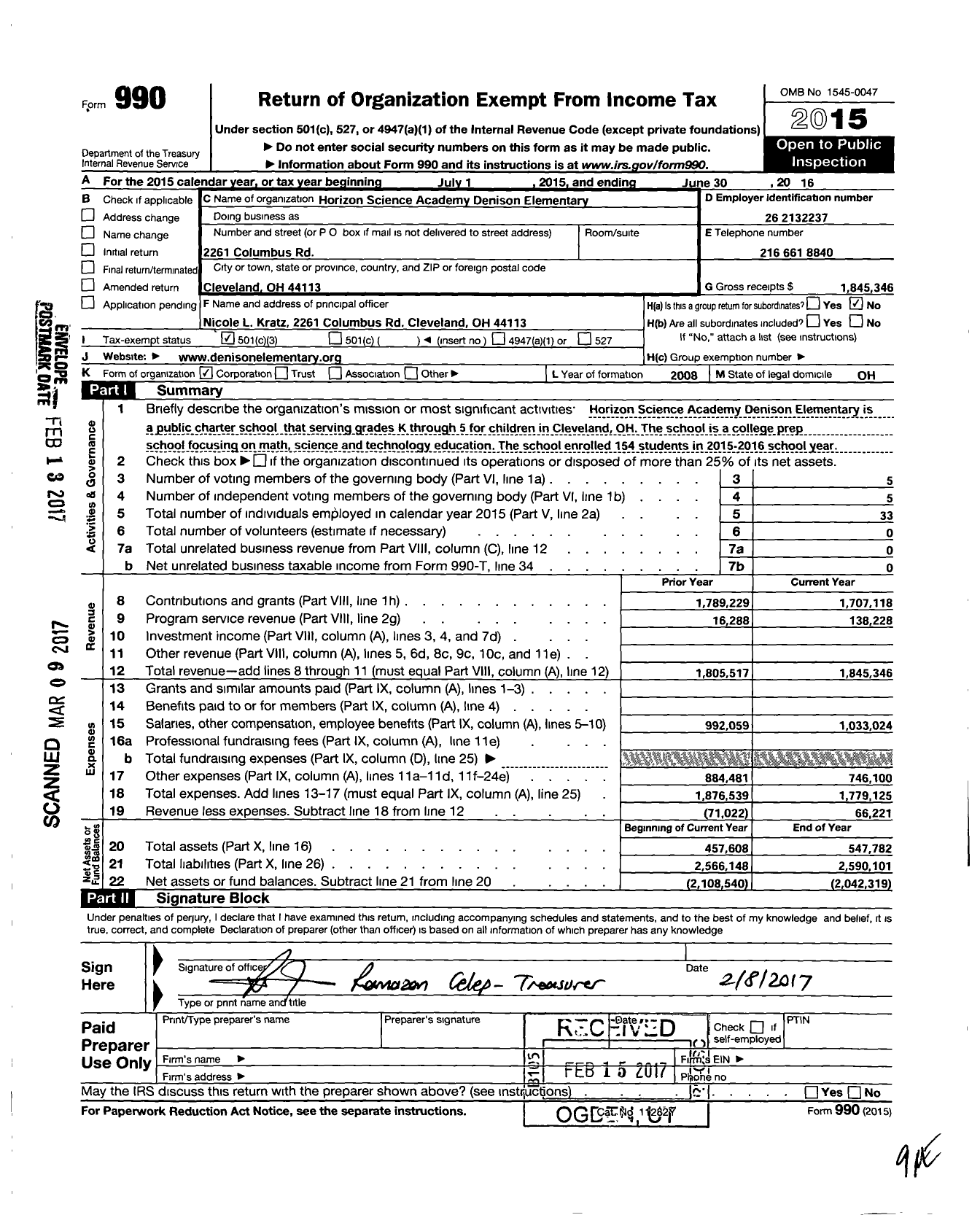 Image of first page of 2015 Form 990 for Horizon Science Academy Denison Elementary