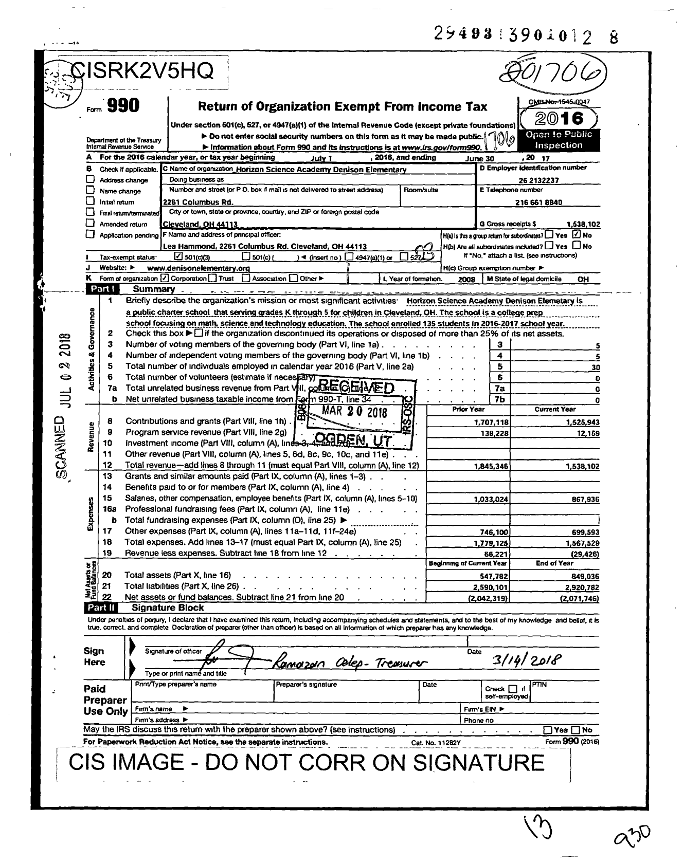 Image of first page of 2016 Form 990 for Horizon Science Academy Denison Elementary