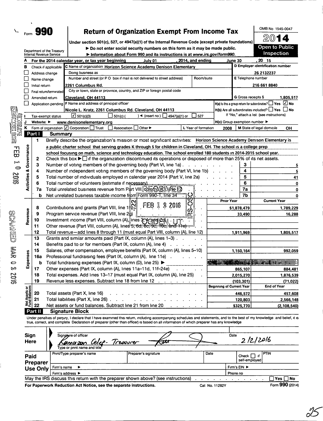 Image of first page of 2014 Form 990 for Horizon Science Academy Denison Elementary