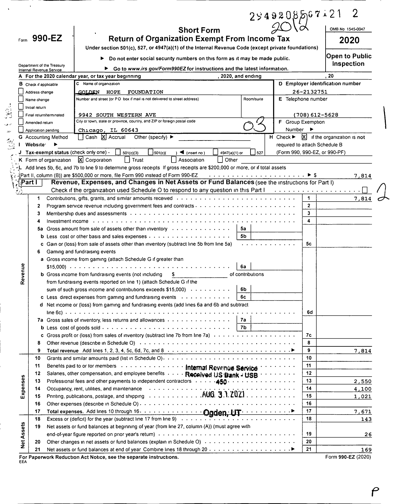 Image of first page of 2020 Form 990EZ for Golden Hope Foundation