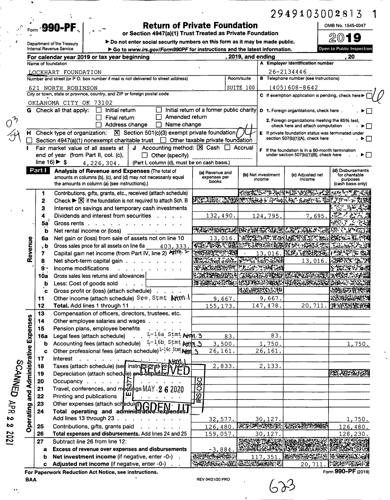 Image of first page of 2019 Form 990PF for Lockhart Foundation