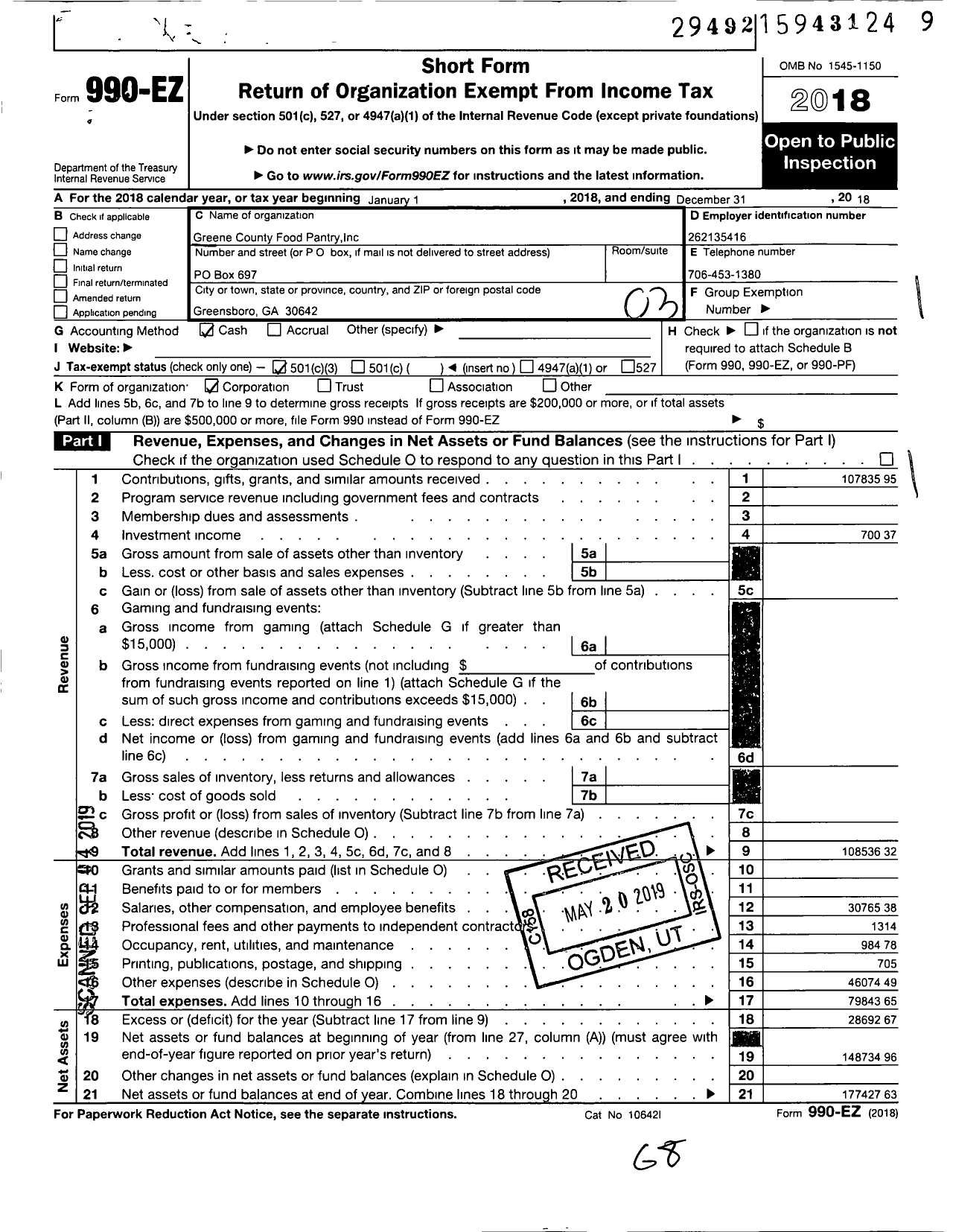 Image of first page of 2018 Form 990EZ for Greene County Food Pantry