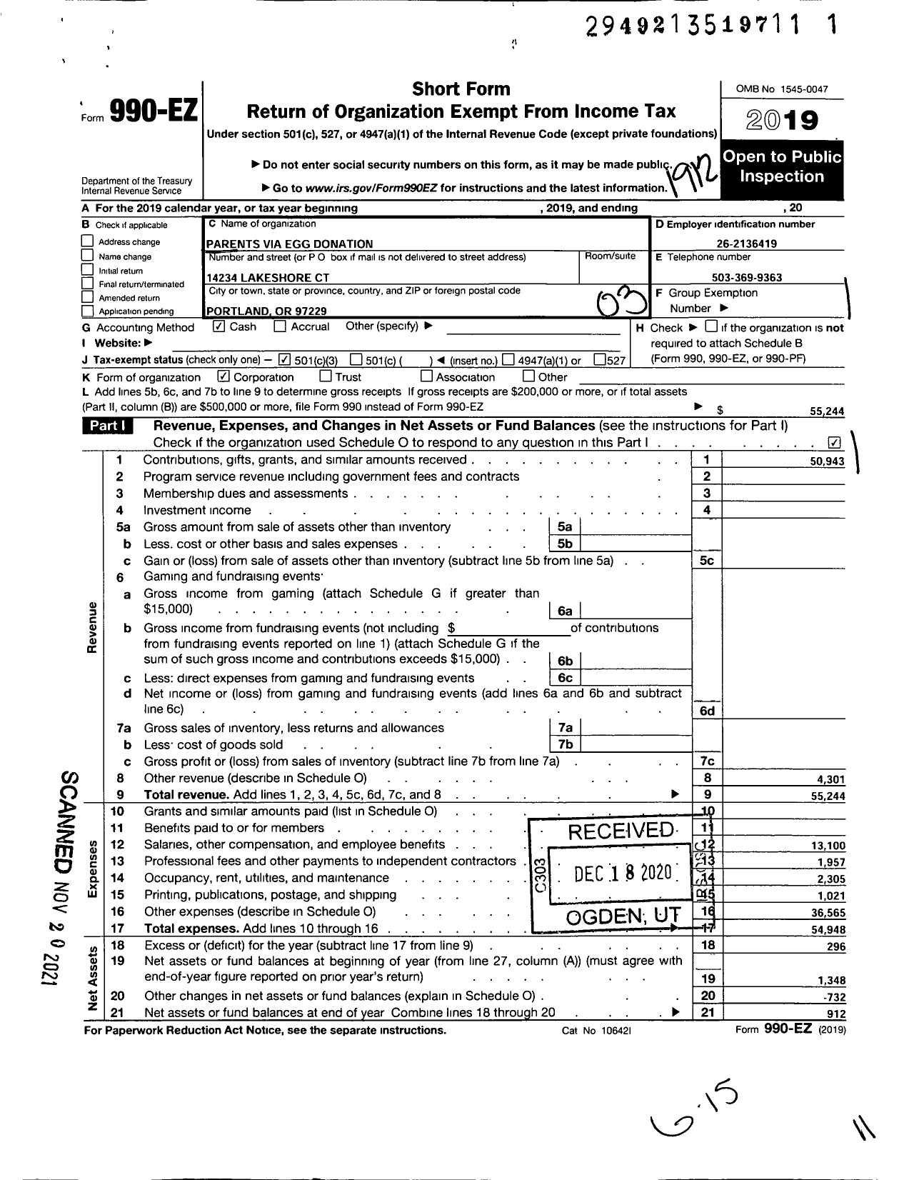 Image of first page of 2019 Form 990EZ for Parents Via Egg Donation Organization