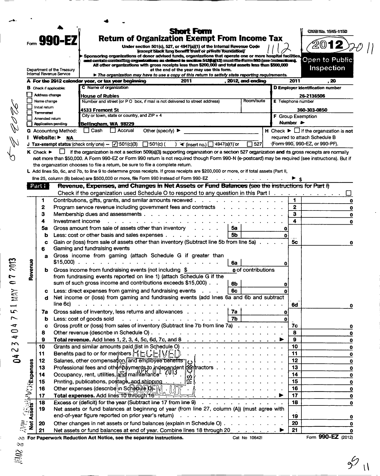 Image of first page of 2011 Form 990EZ for House of Rubies