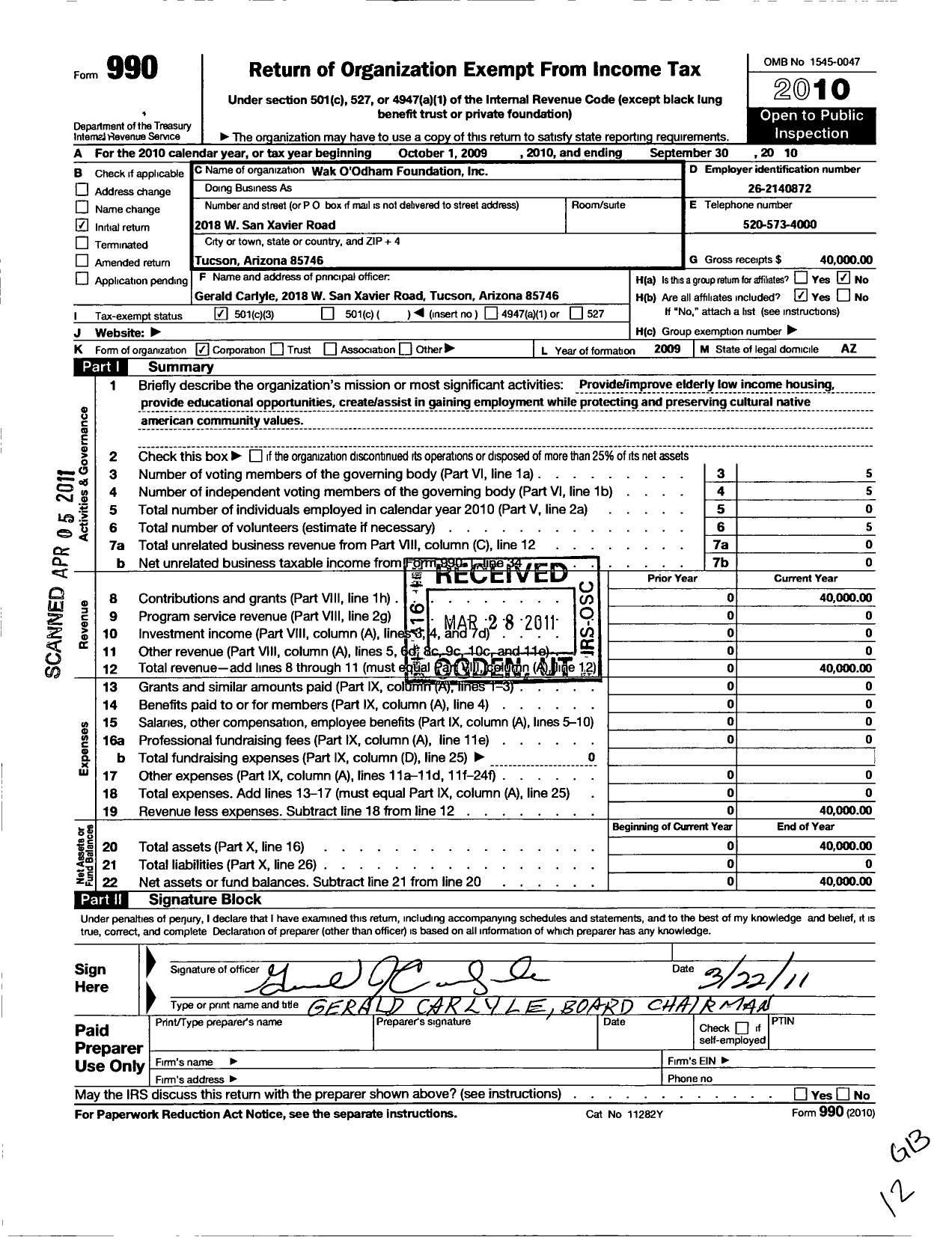Image of first page of 2009 Form 990 for Wak Oodham Foundation