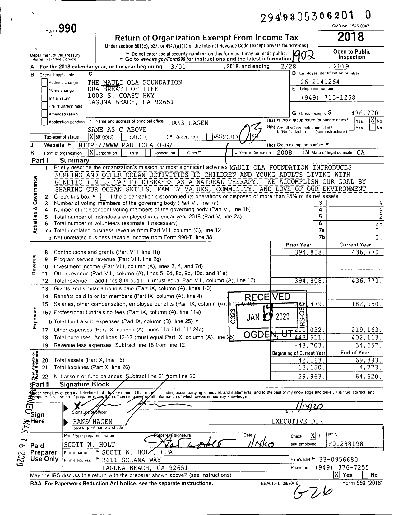 Image of first page of 2018 Form 990 for Breath of Life