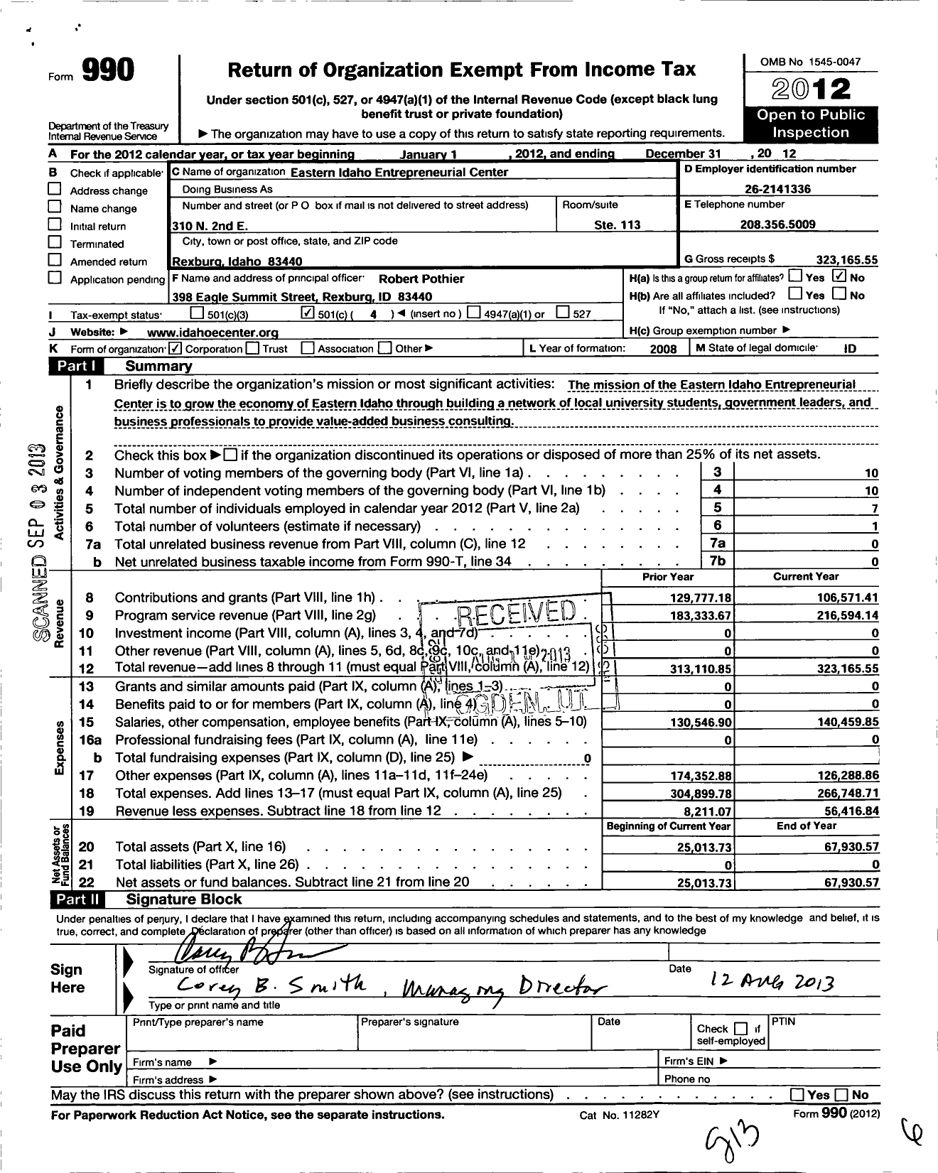 Image of first page of 2012 Form 990O for Eastern Idaho Entrepreneurial Center