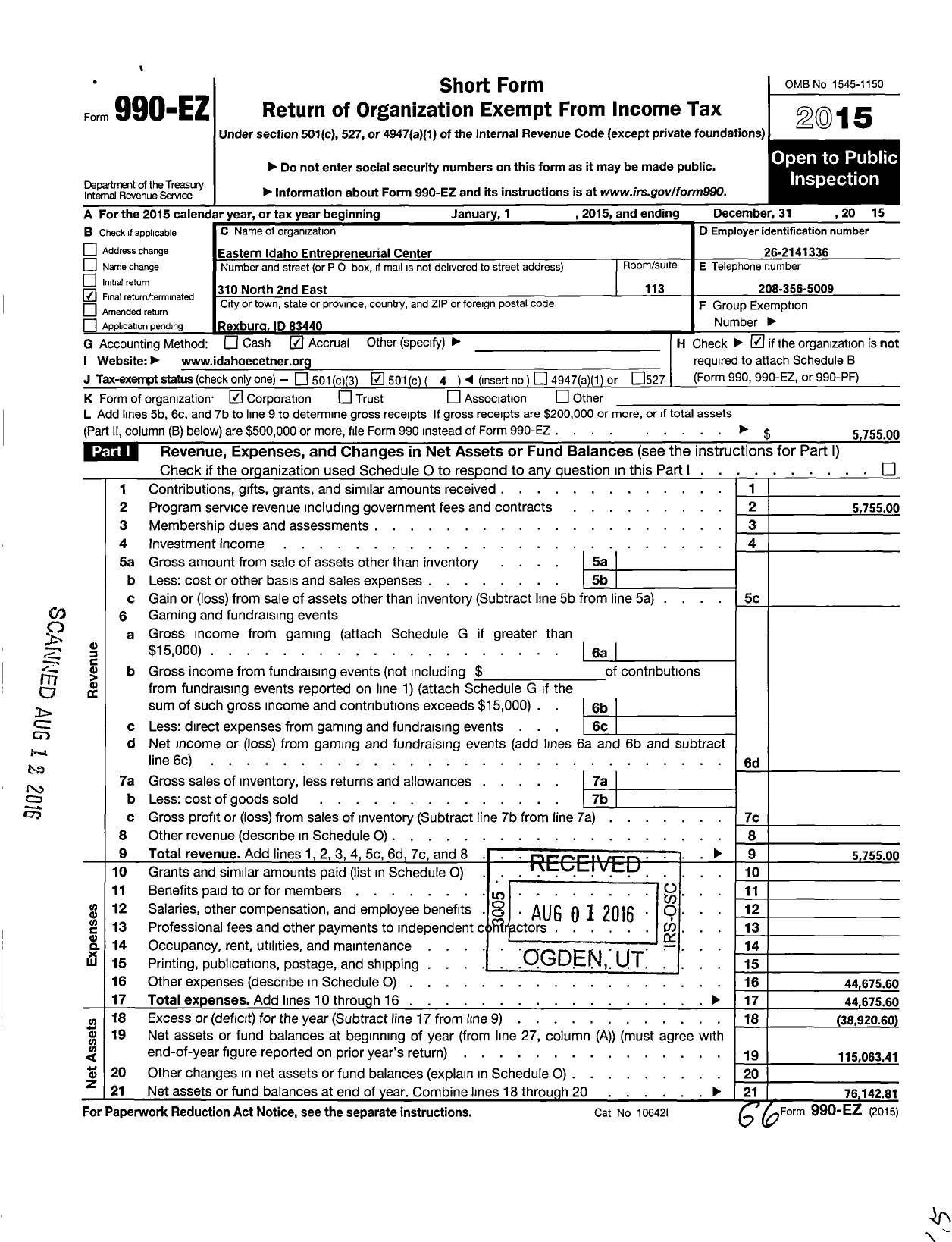 Image of first page of 2015 Form 990EO for Eastern Idaho Entrepreneurial Center