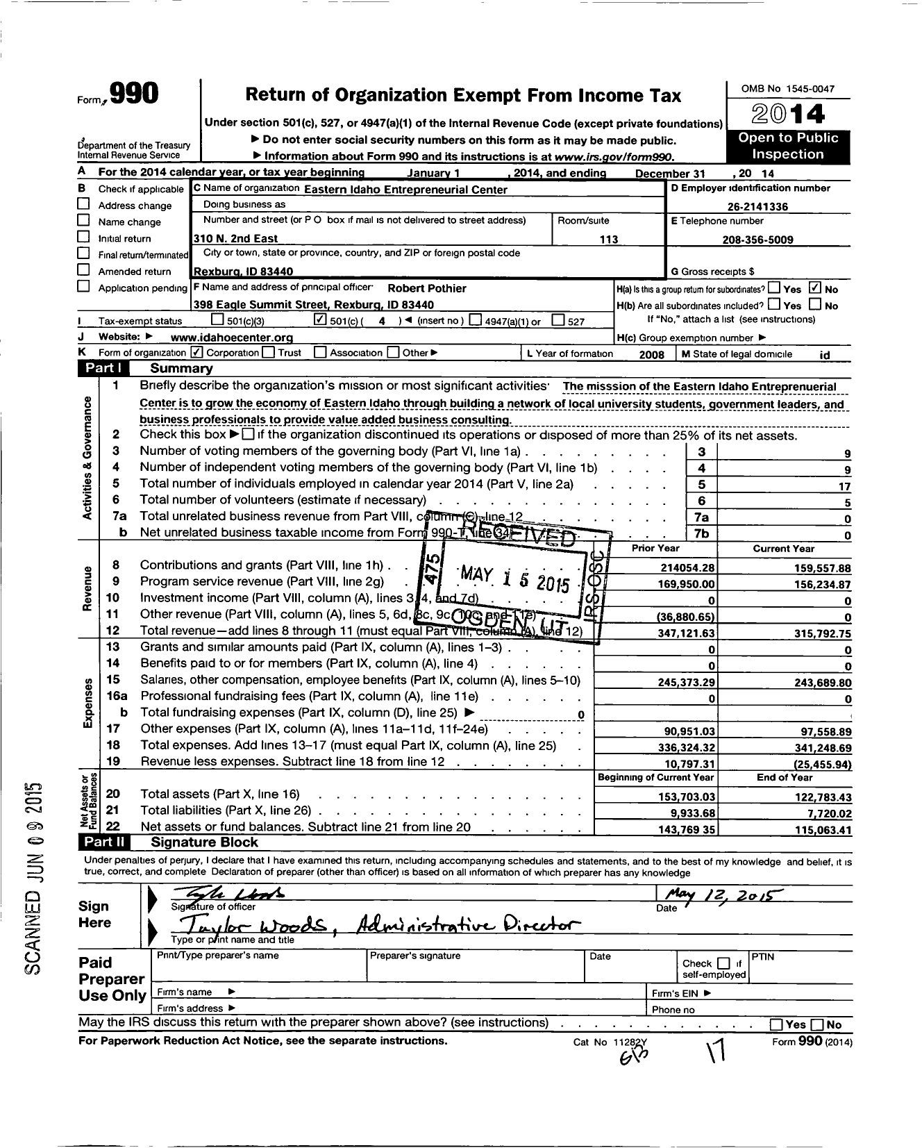 Image of first page of 2014 Form 990O for Eastern Idaho Entrepreneurial Center